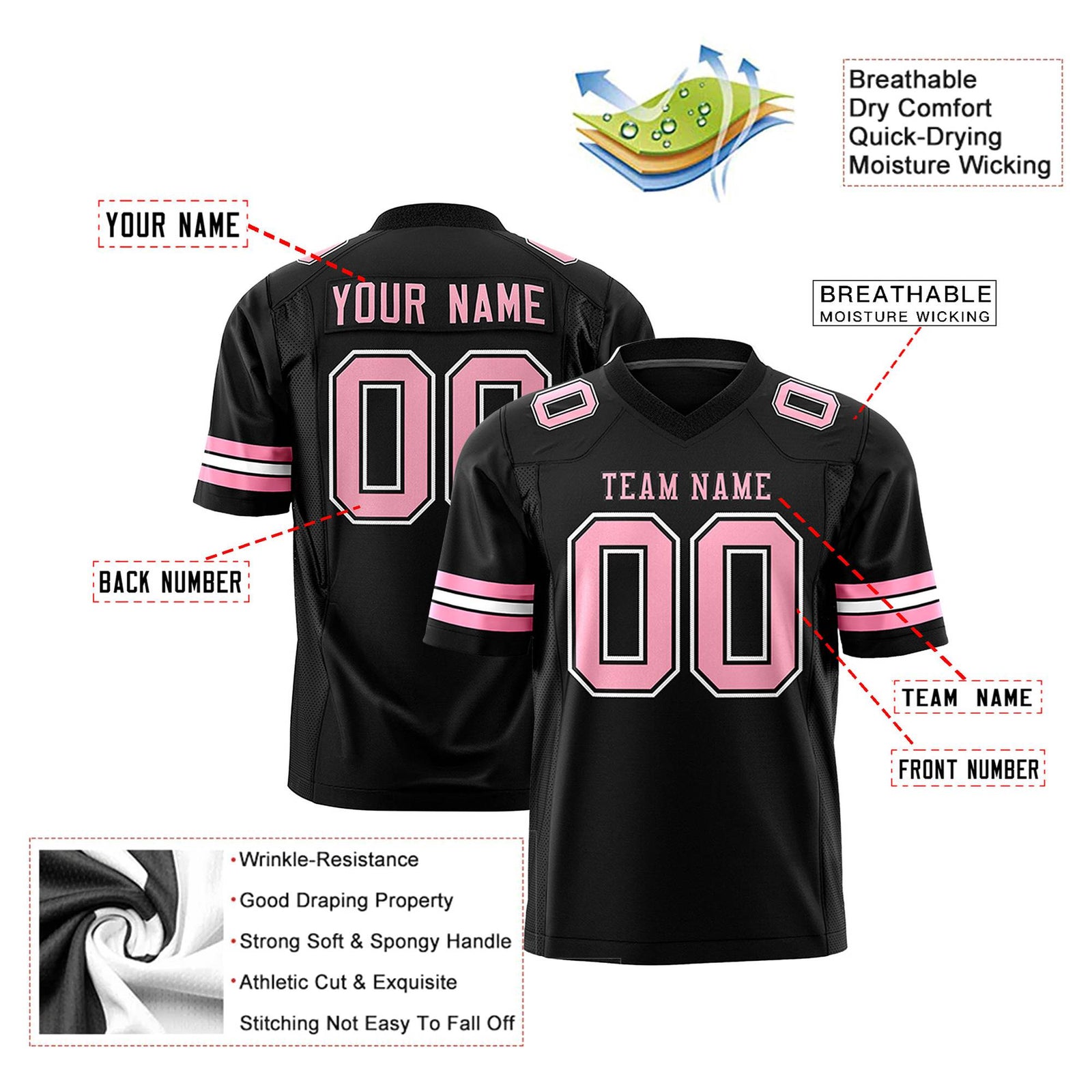 Custom Black-Light Pink-White Mesh Authentic Football Jersey