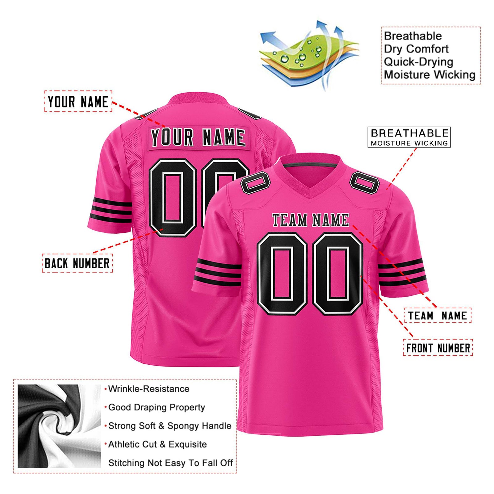 Custom Pink Black-White Mesh Authentic Football Jersey