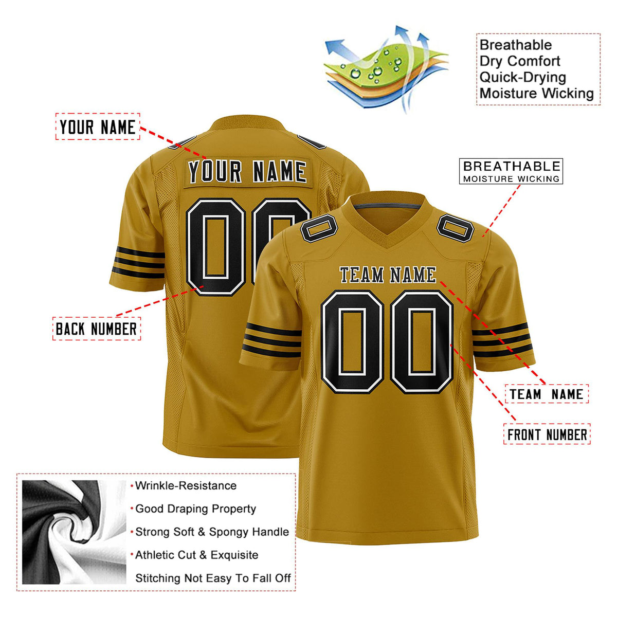 Custom Gold Black-White Mesh Authentic Football Jersey