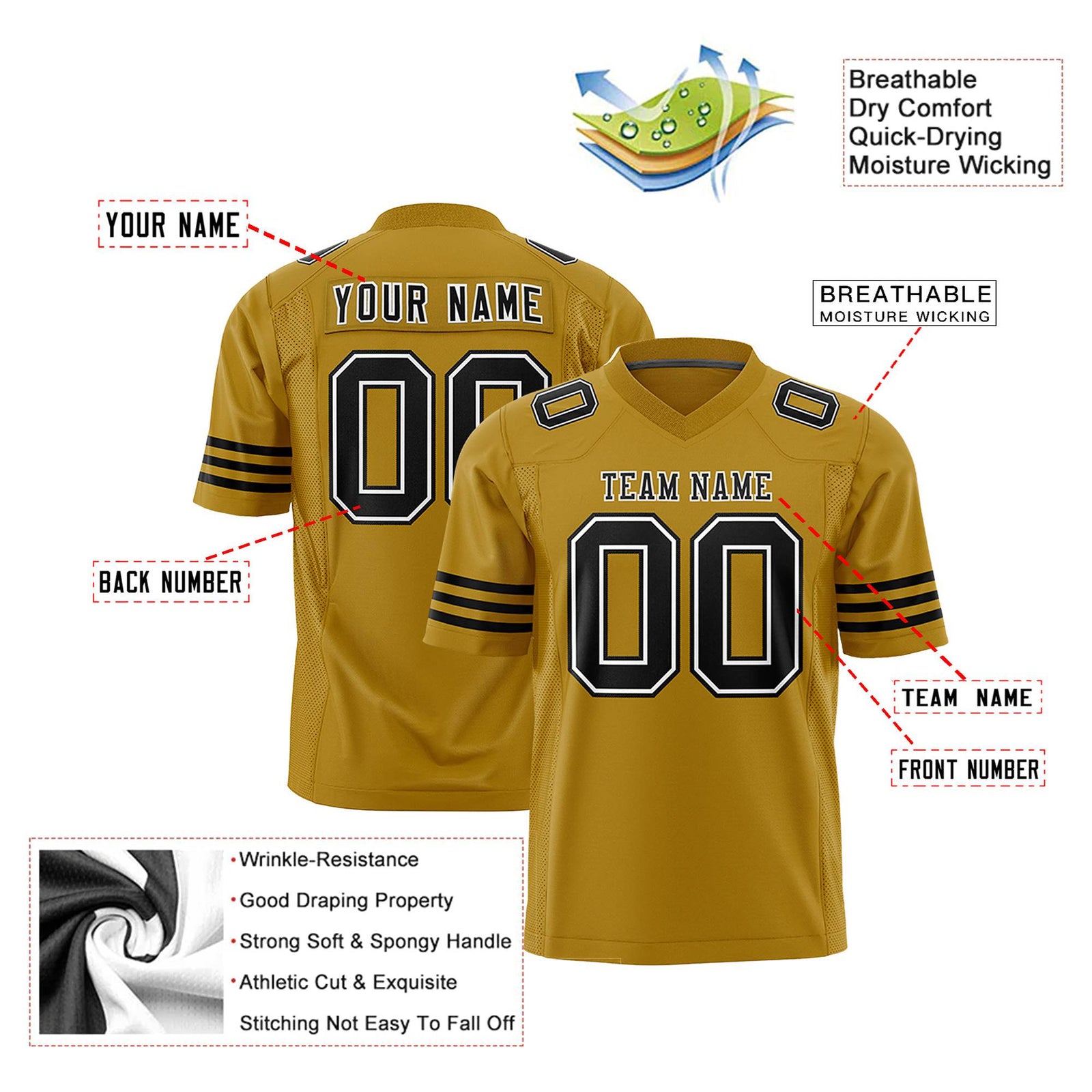 Custom Gold Black-White Mesh Authentic Football Jersey