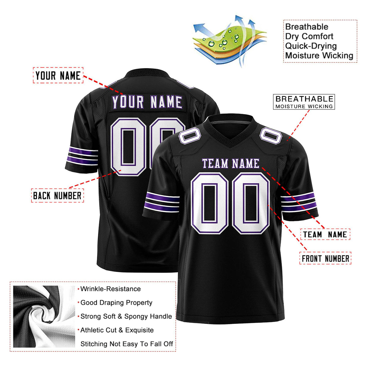 Custom Black White-Purple Mesh Authentic Football Jersey