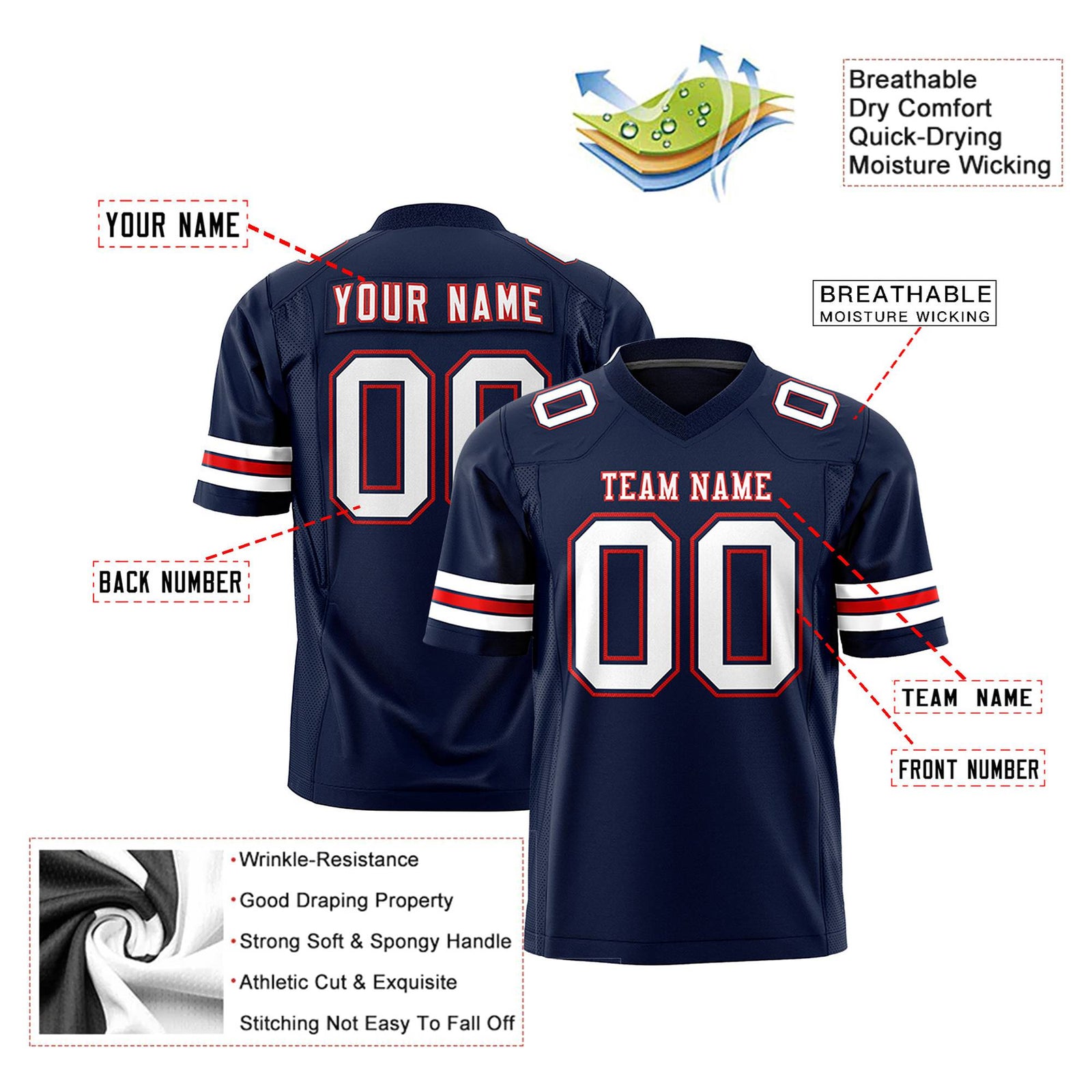 Custom Navy White-Red Mesh Authentic Football Jersey