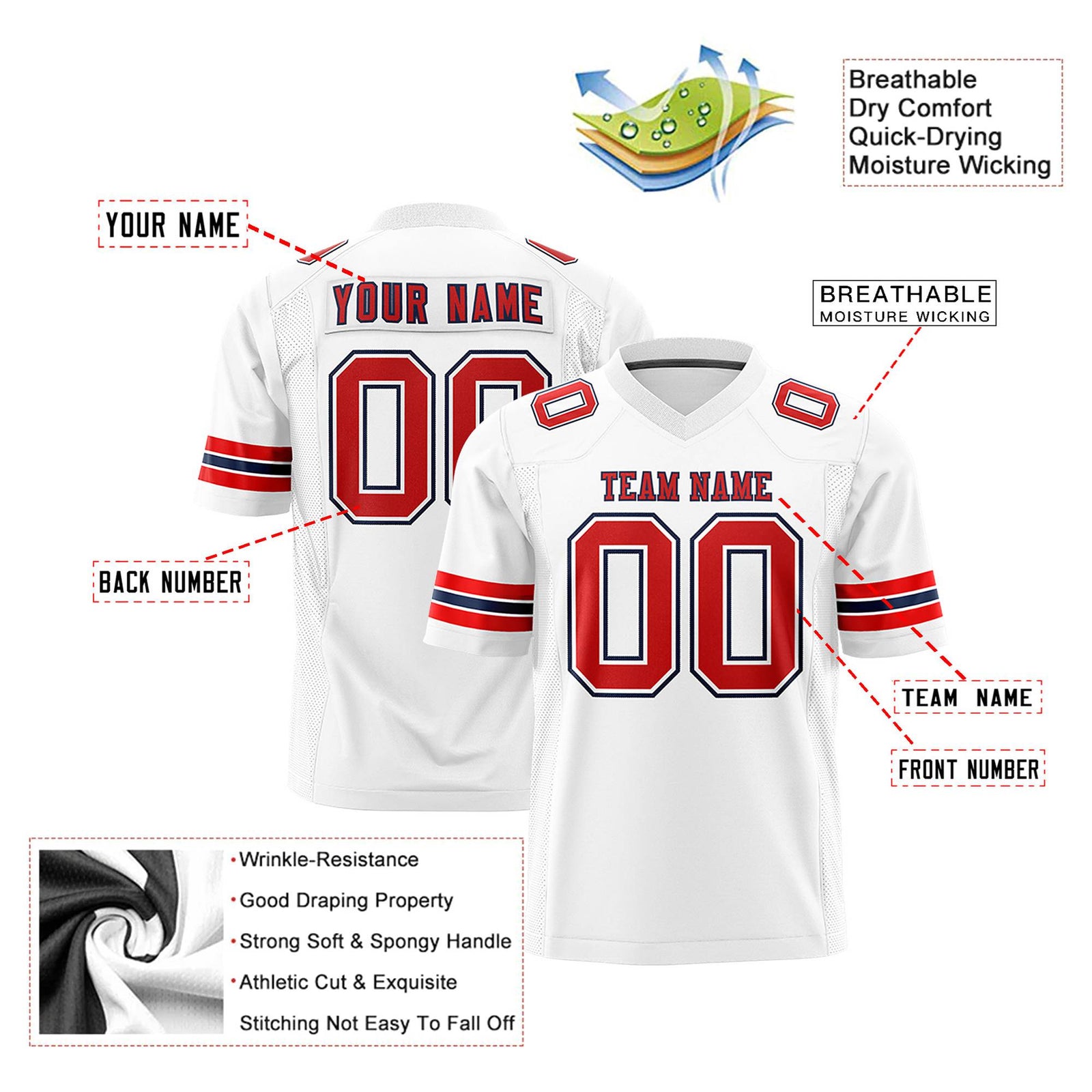 Custom White Red-Navy Mesh Authentic Football Jersey
