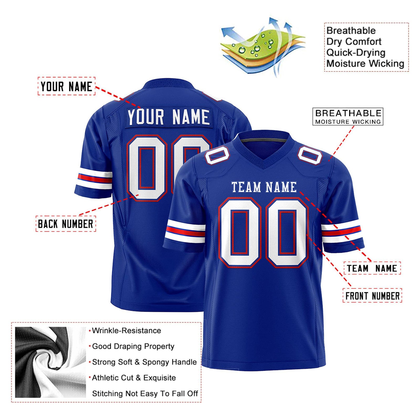 Custom Royal Blue White-Red Mesh Authentic Football Jersey