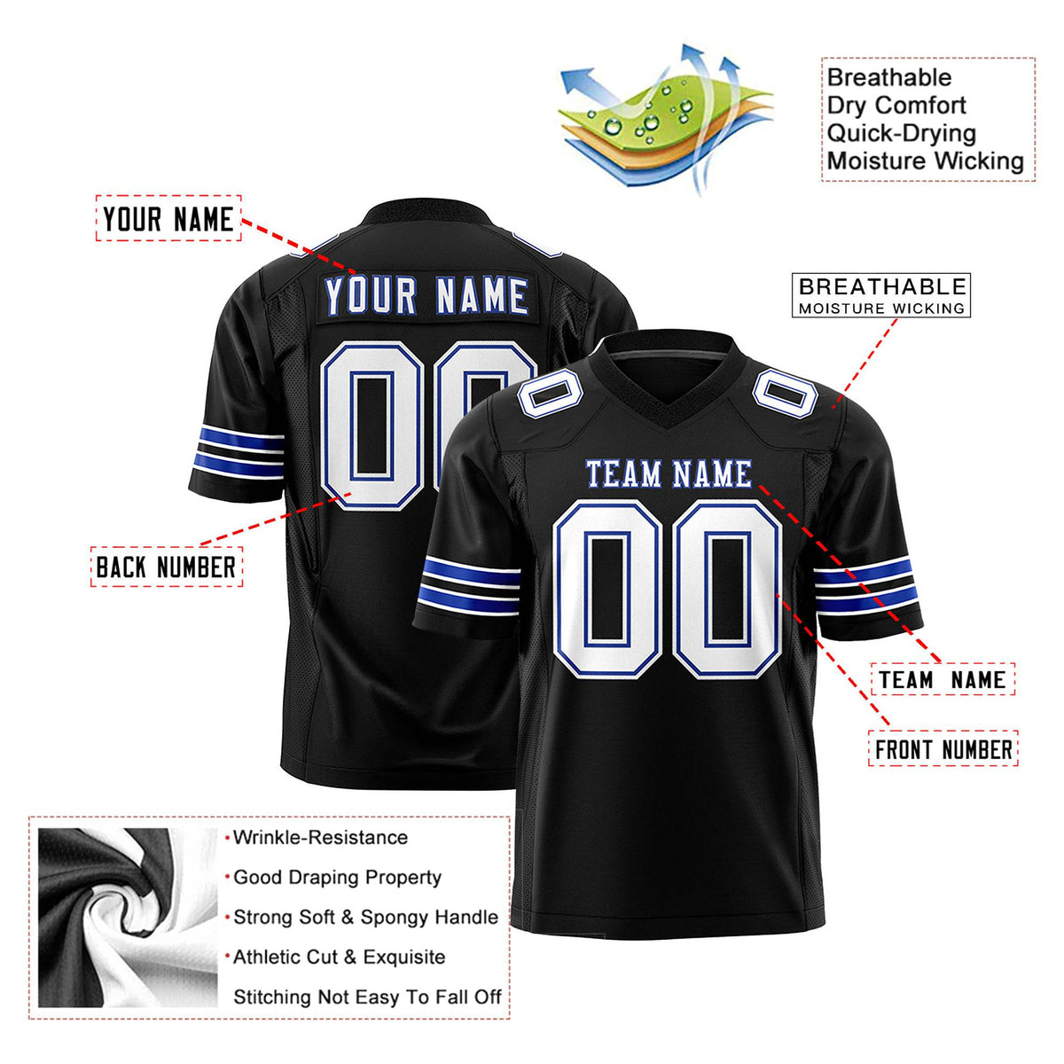 Custom Black White-Royal Blue Mesh Authentic Football Jersey