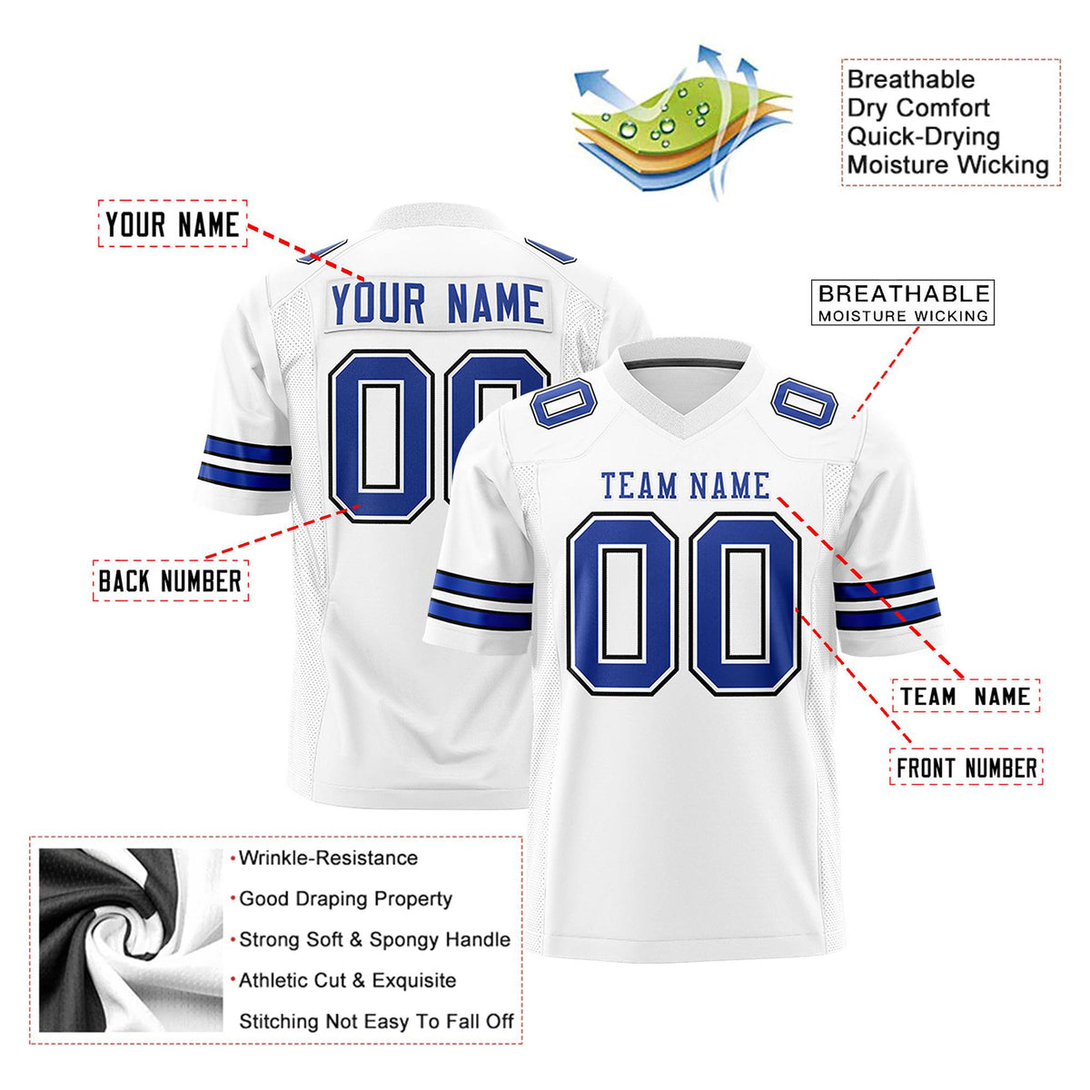 Custom White-Royal Blue-Black Mesh Authentic Football Jersey