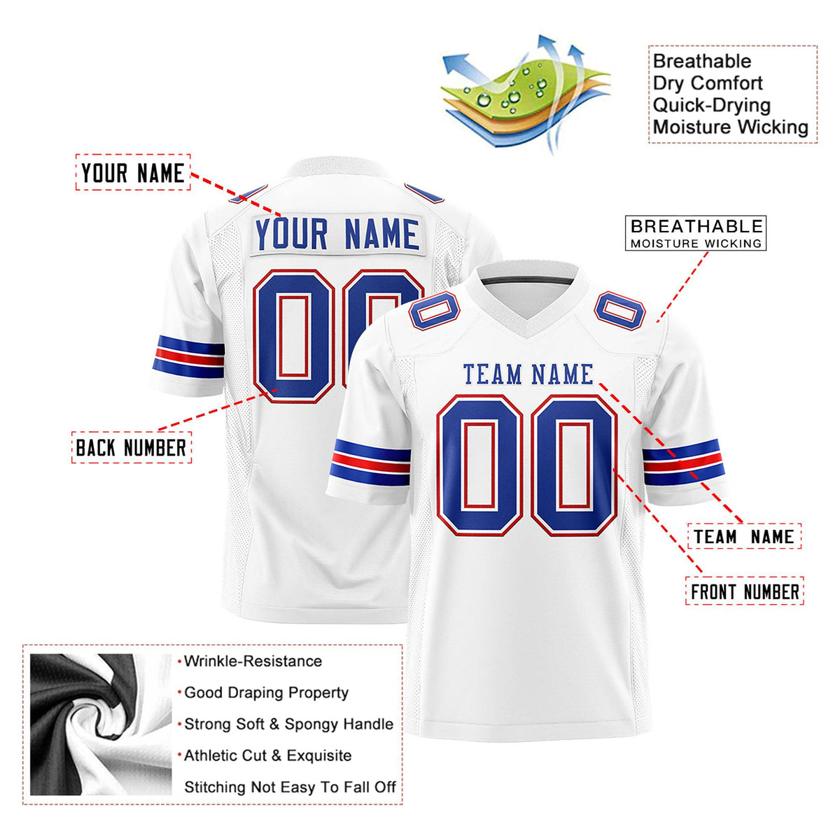 Custom White-Royal Blue-Red Mesh Authentic Football Jersey