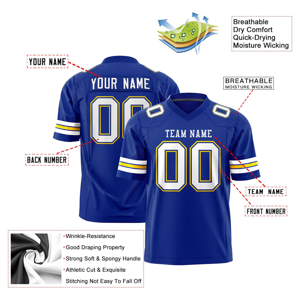 Custom Royal Blue-White-Gold Mesh Authentic Football Jersey