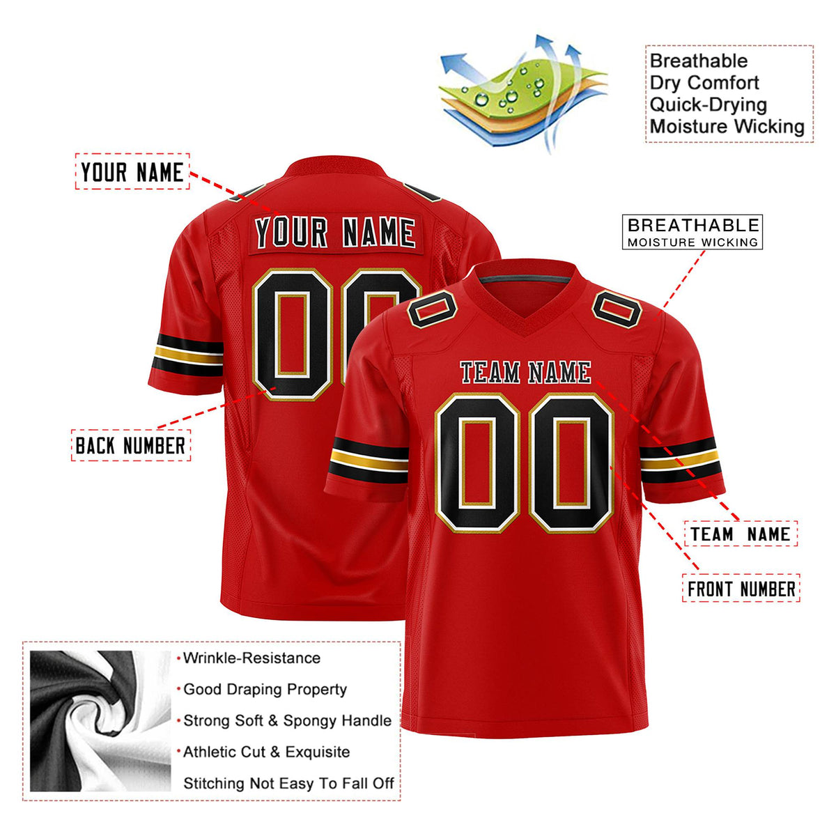 Custom Red Black-Gold Mesh Authentic Football Jersey