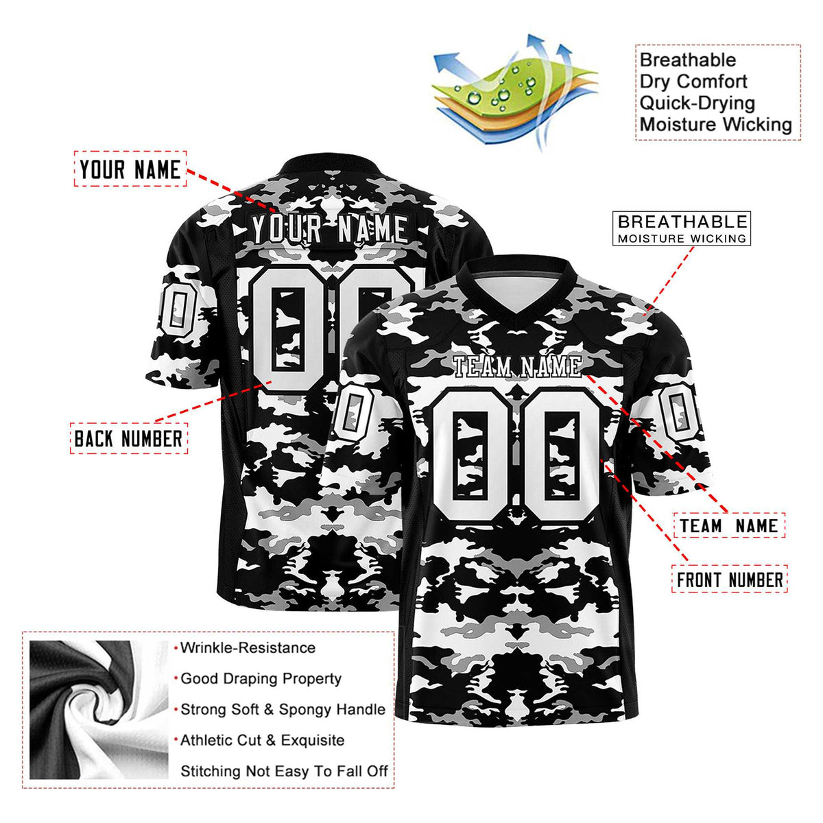 Custom Black White-Gray Mesh Camo Football Jersey