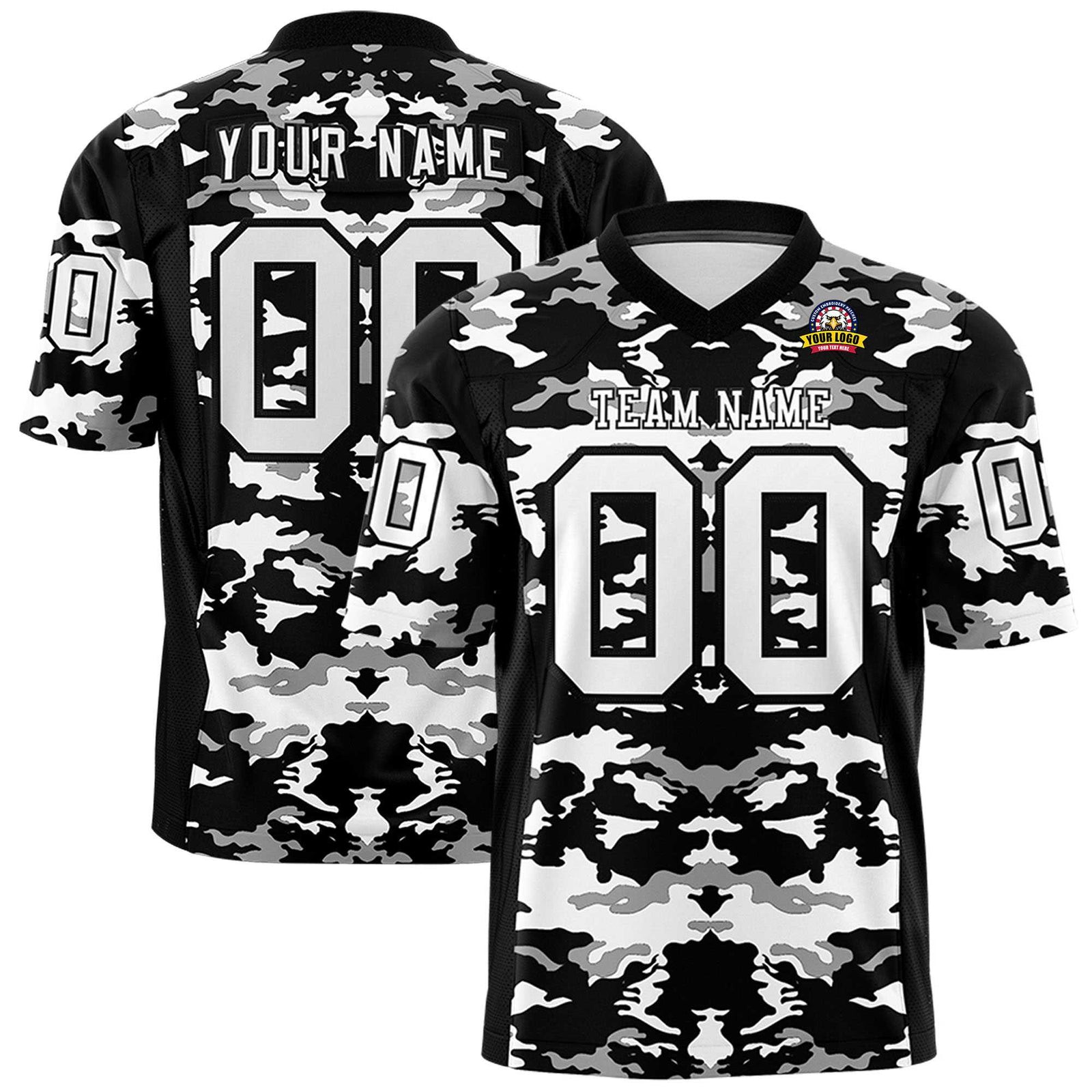 Custom Black White-Gray Mesh Camo Football Jersey