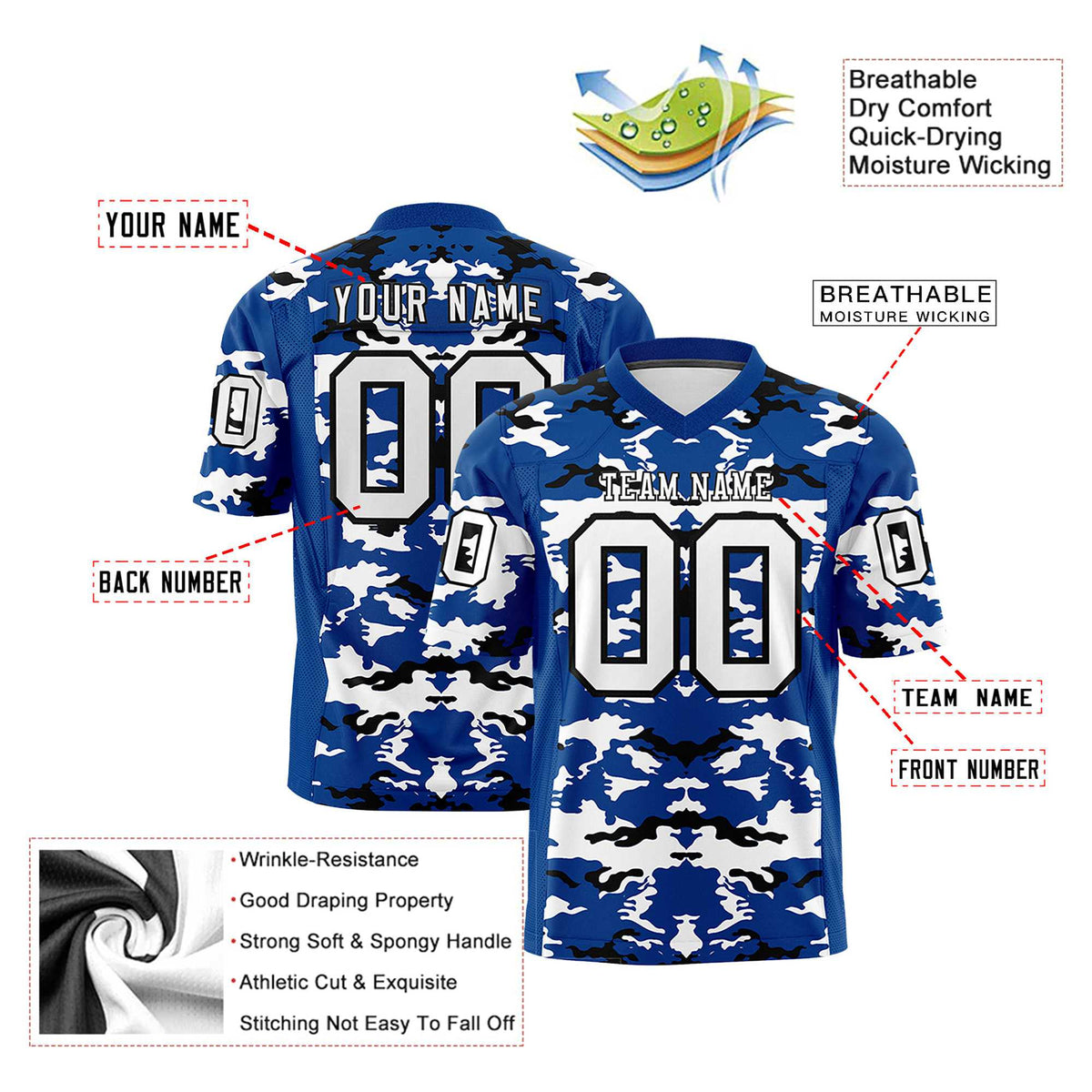 Custom Blue White-Black Mesh Camo Football Jersey