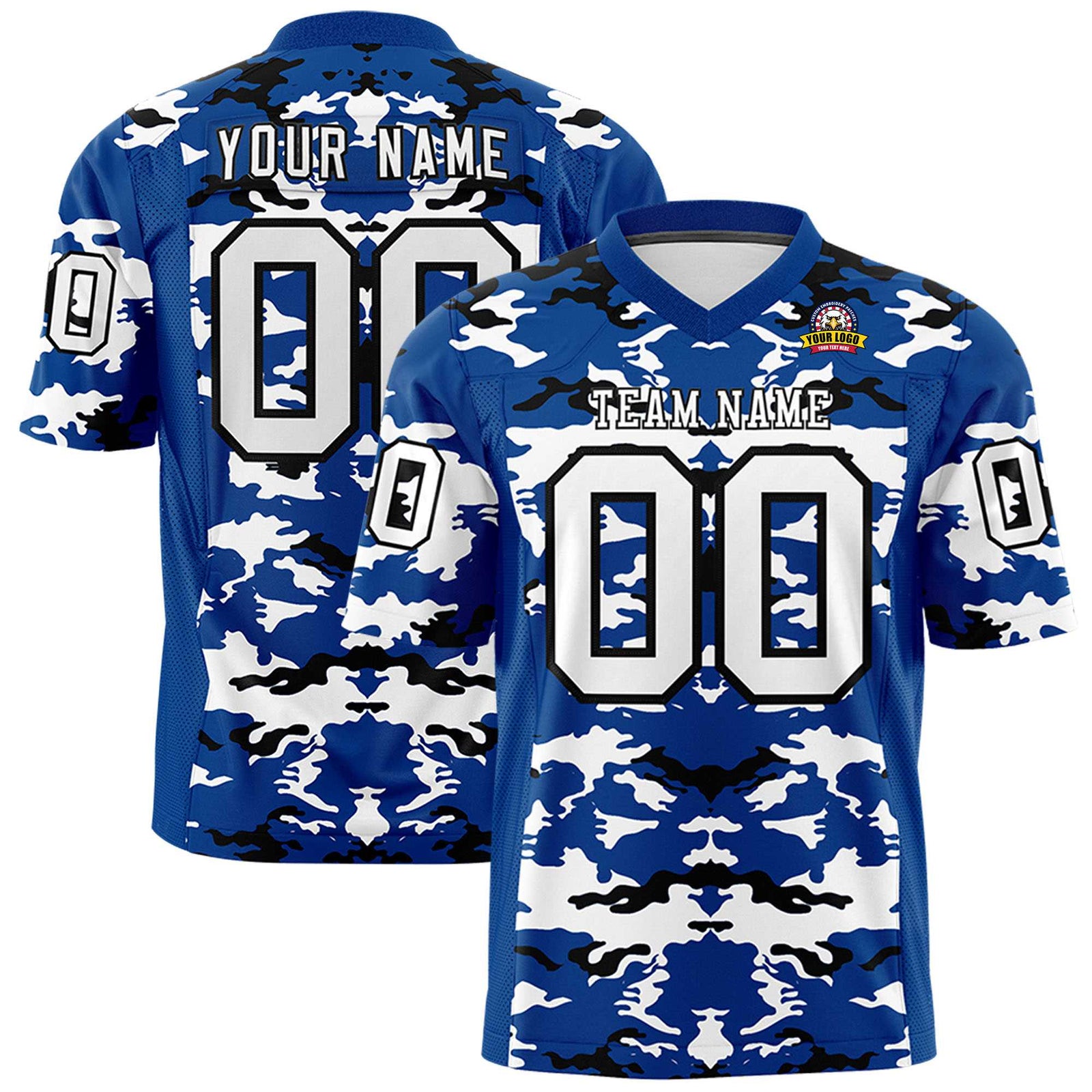 Custom Blue White-Black Mesh Camo Football Jersey