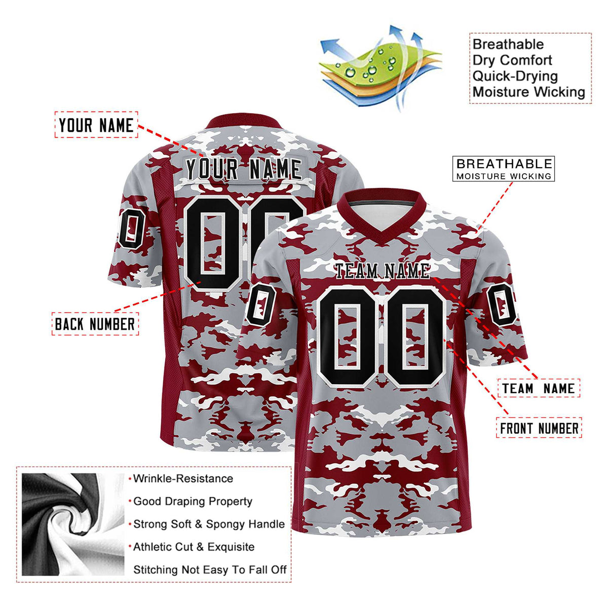 Custom Crimson Gray-Black Mesh Camo Football Jersey