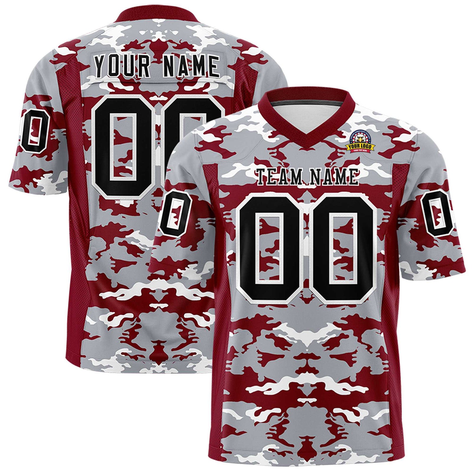 Custom Crimson Gray-Black Mesh Camo Football Jersey