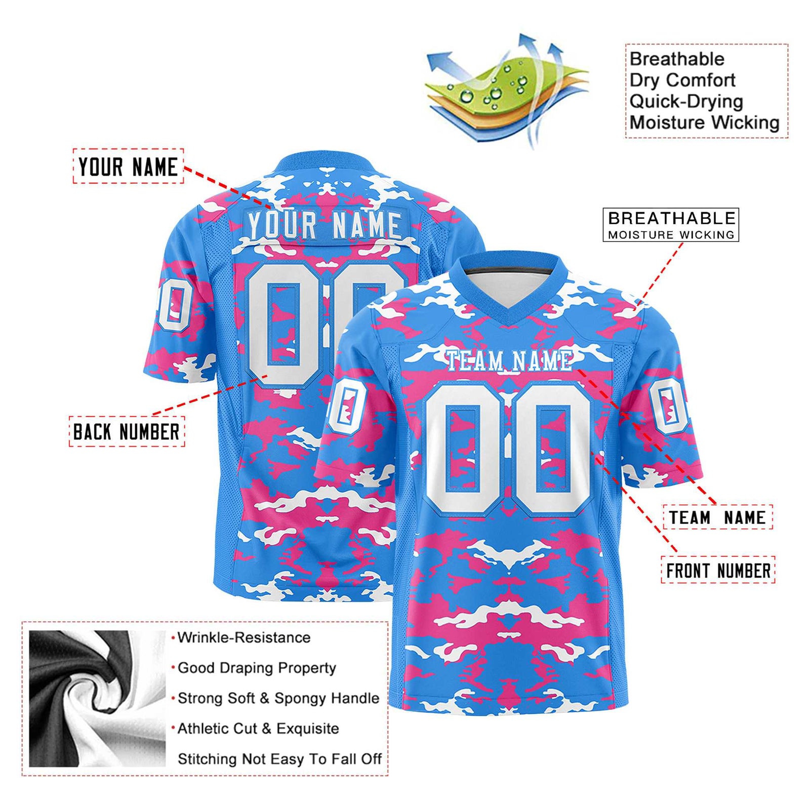 Custom Light Blue Gray-Pink Mesh Camo Football Jersey