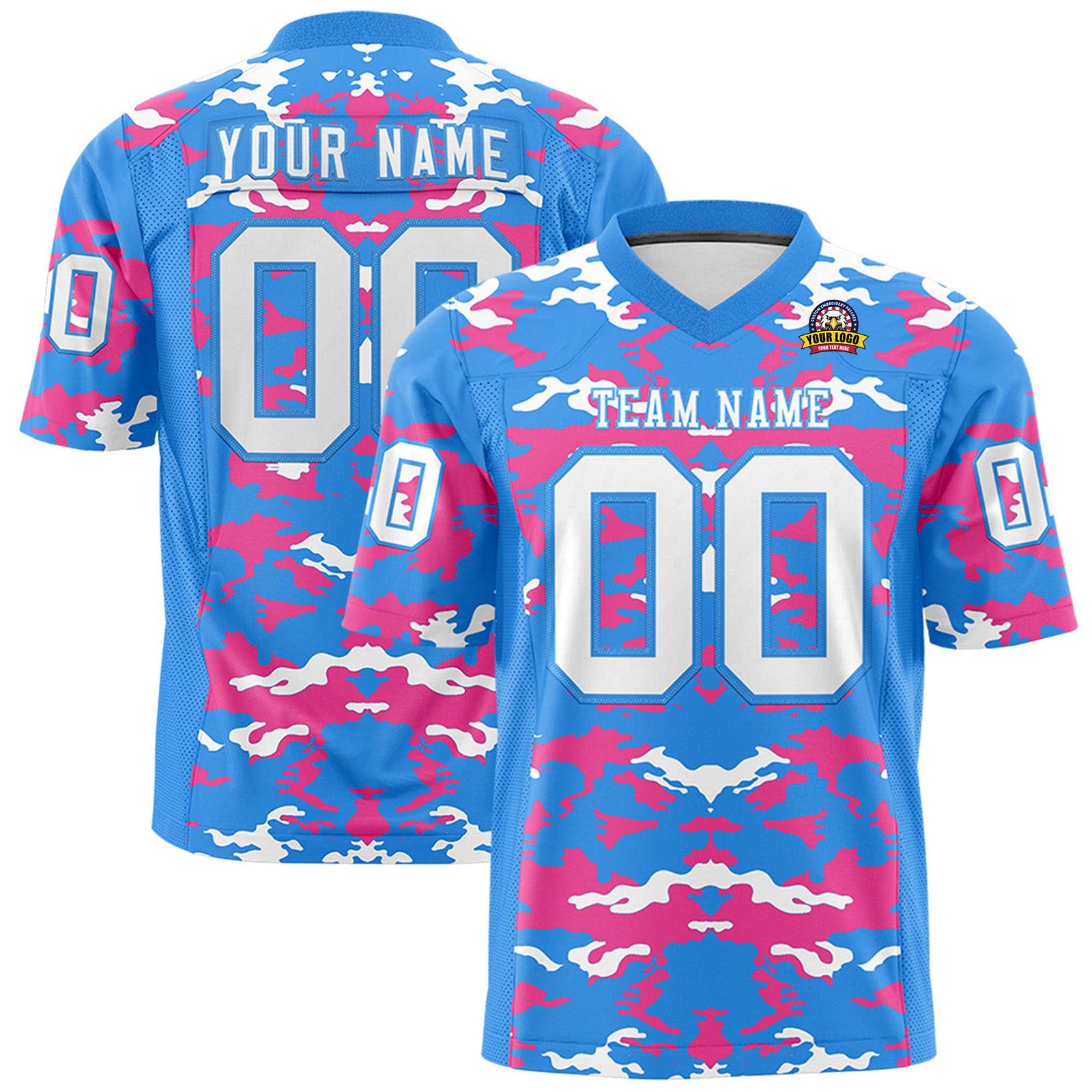 Custom Light Blue Gray-Pink Mesh Camo Football Jersey