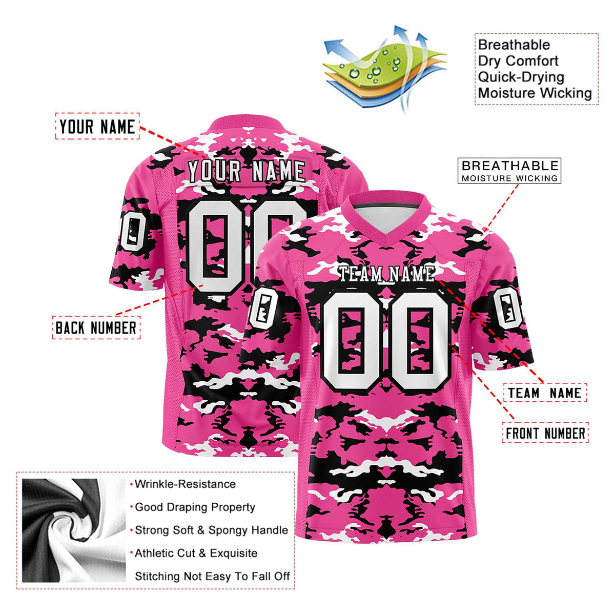 Custom Pink Black-White Mesh Camo Football Jersey