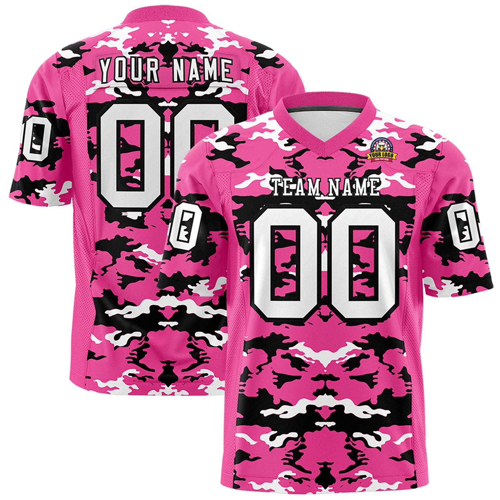Custom Pink Black-White Mesh Camo Football Jersey
