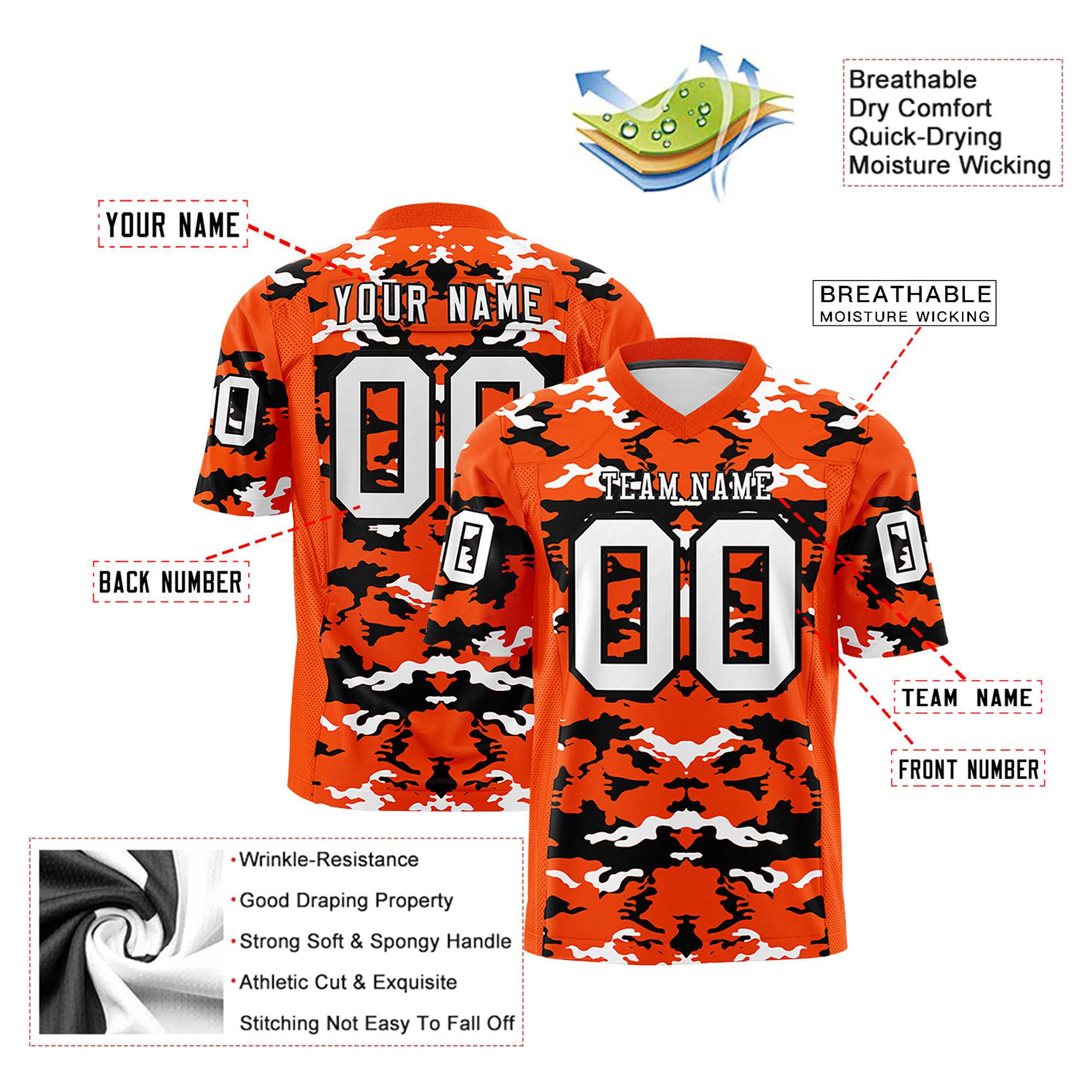 Custom Orange Black-White Mesh Camo Football Jersey