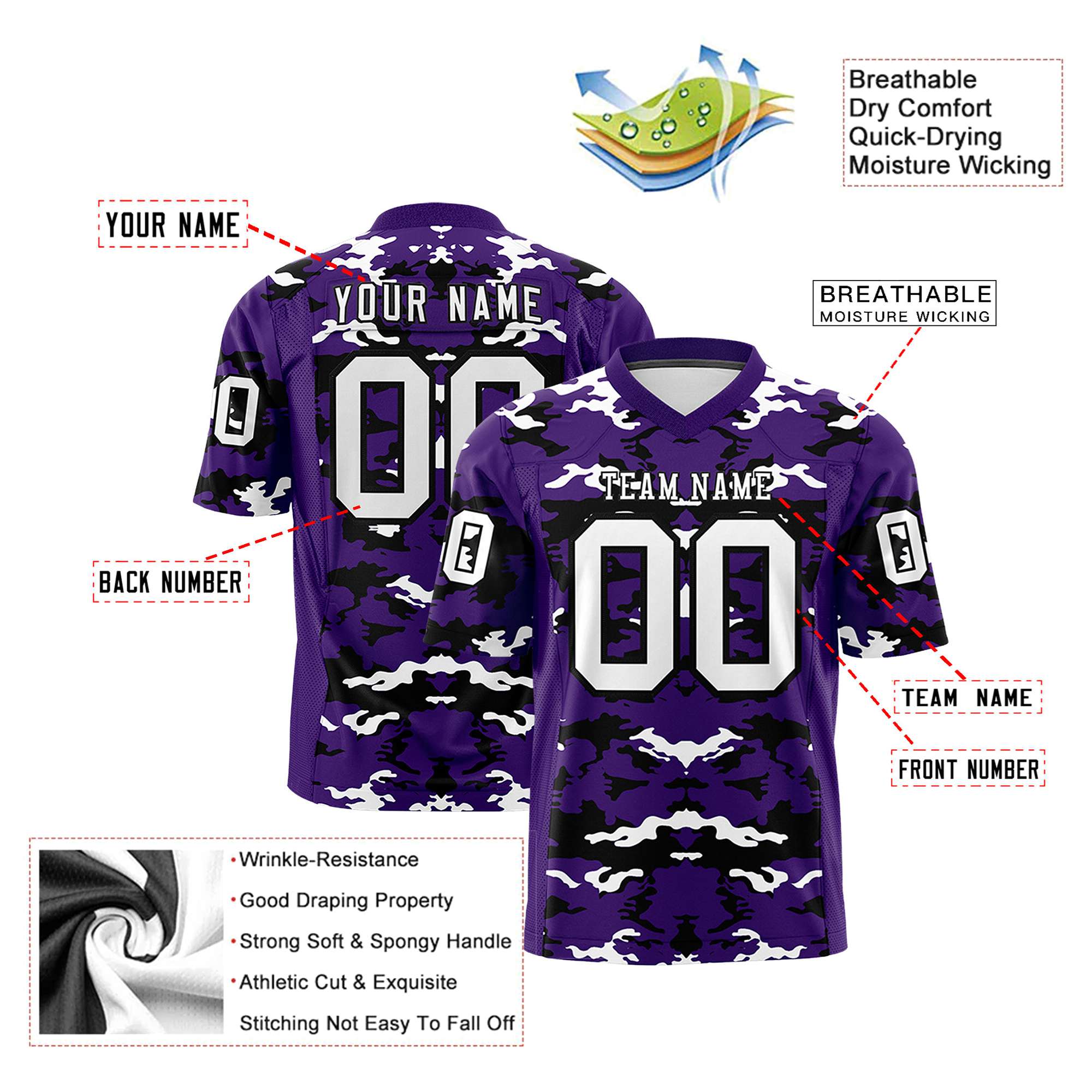 Custom Purple Black-White Mesh Camo Football Jersey