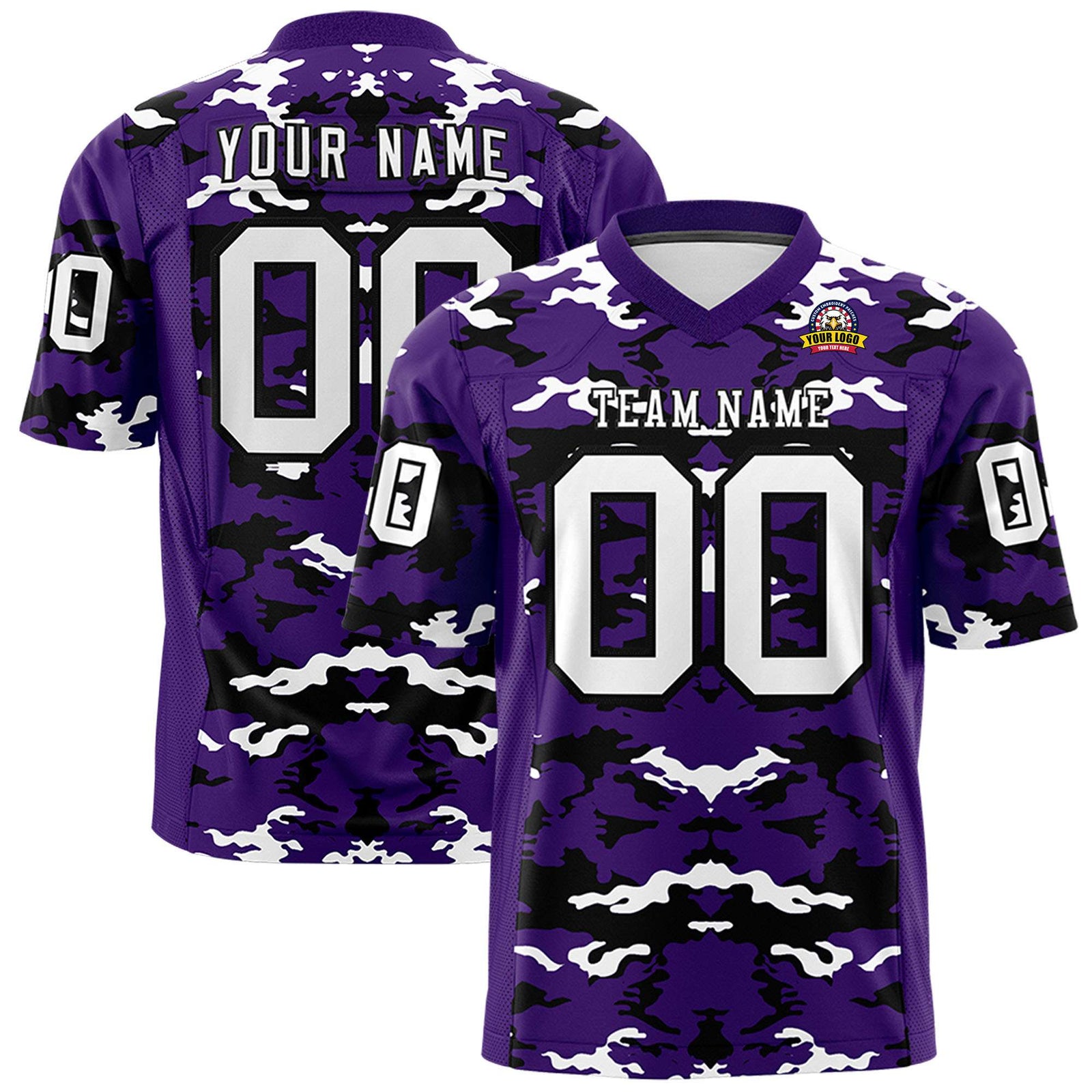 Custom Purple Black-White Mesh Camo Football Jersey