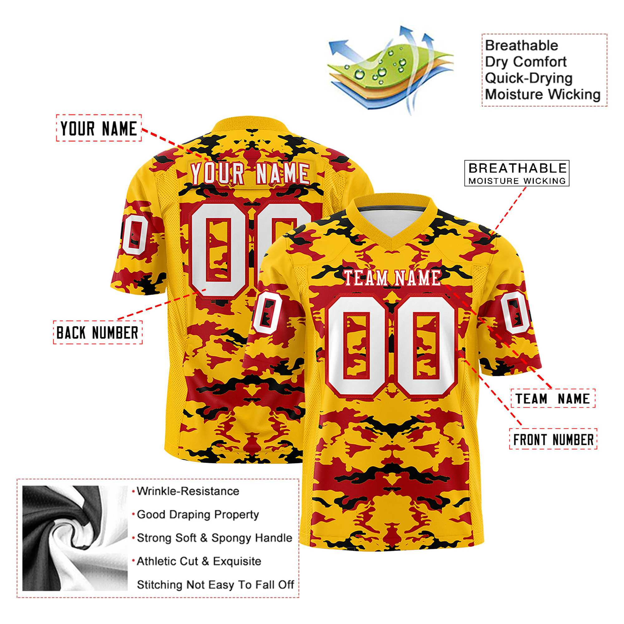 Custom Gold Red-White Mesh Camo Football Jersey