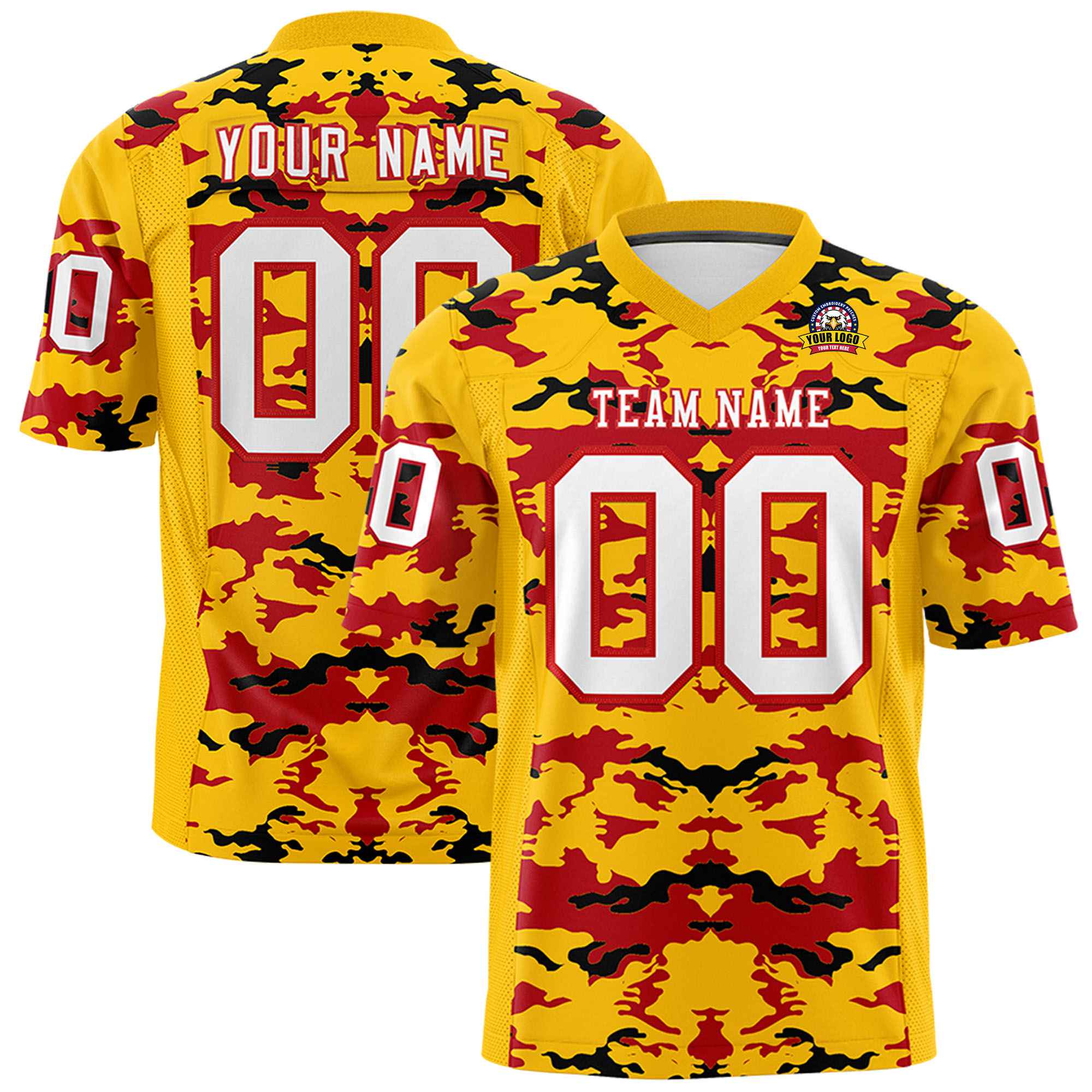 Custom Gold Red-White Mesh Camo Football Jersey