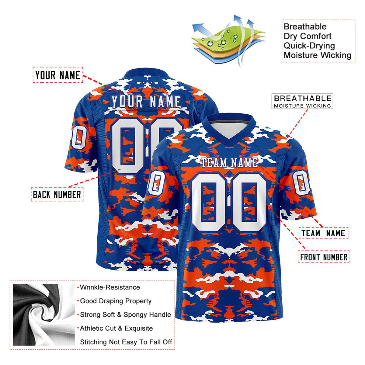 Custom Royal Blue Orange-White Mesh Camo Football Jersey