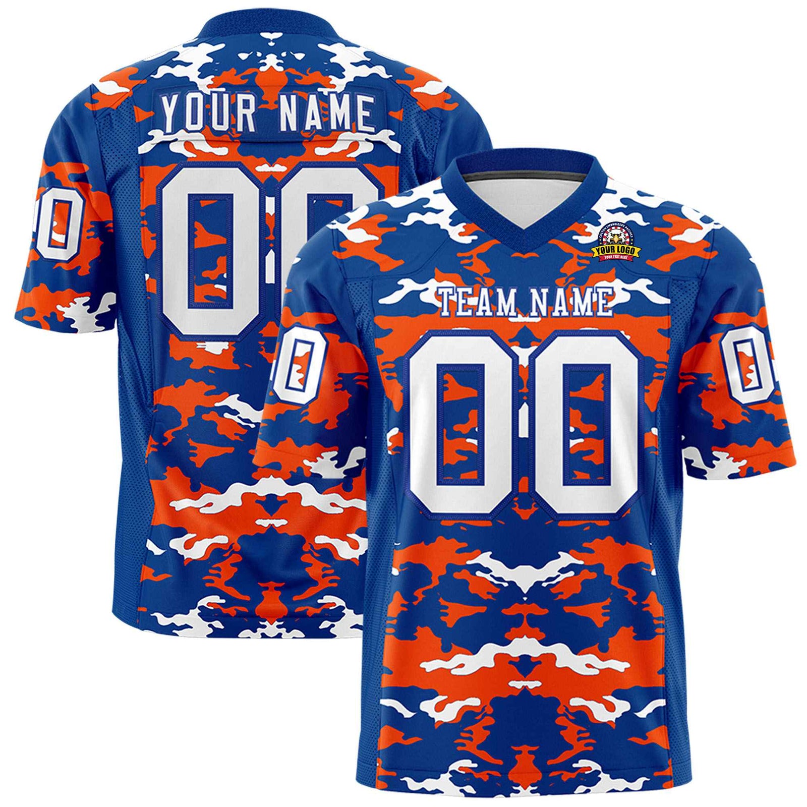 Custom Royal Blue Orange-White Mesh Camo Football Jersey
