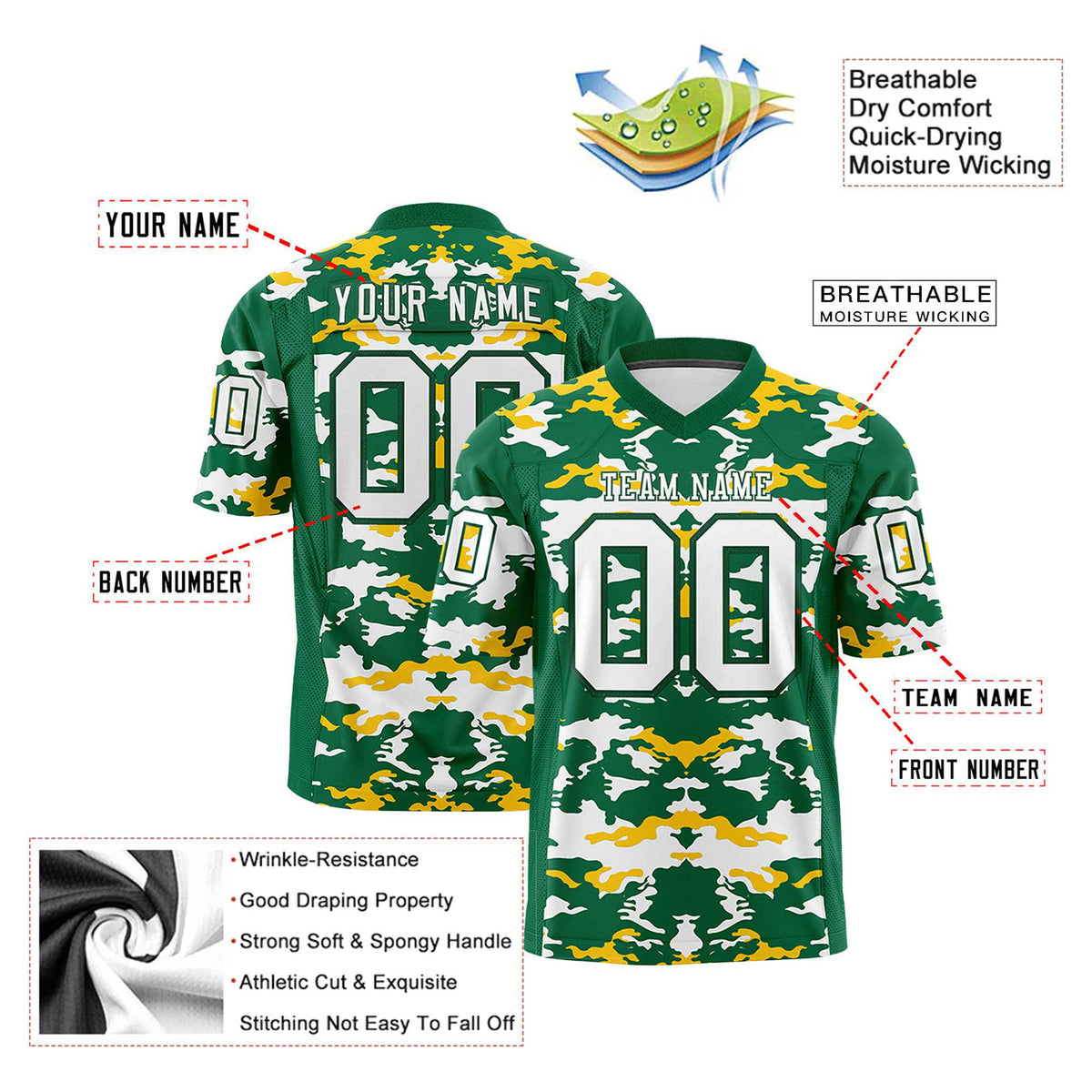 Custom Green Yellow-White Mesh Camo Football Jersey