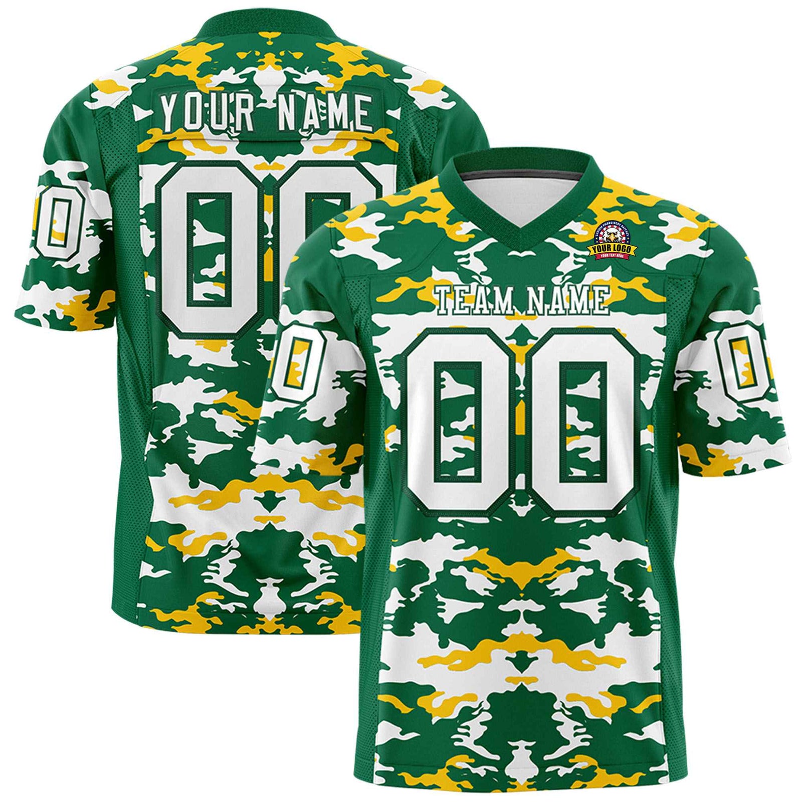 Custom Green Yellow-White Mesh Camo Football Jersey