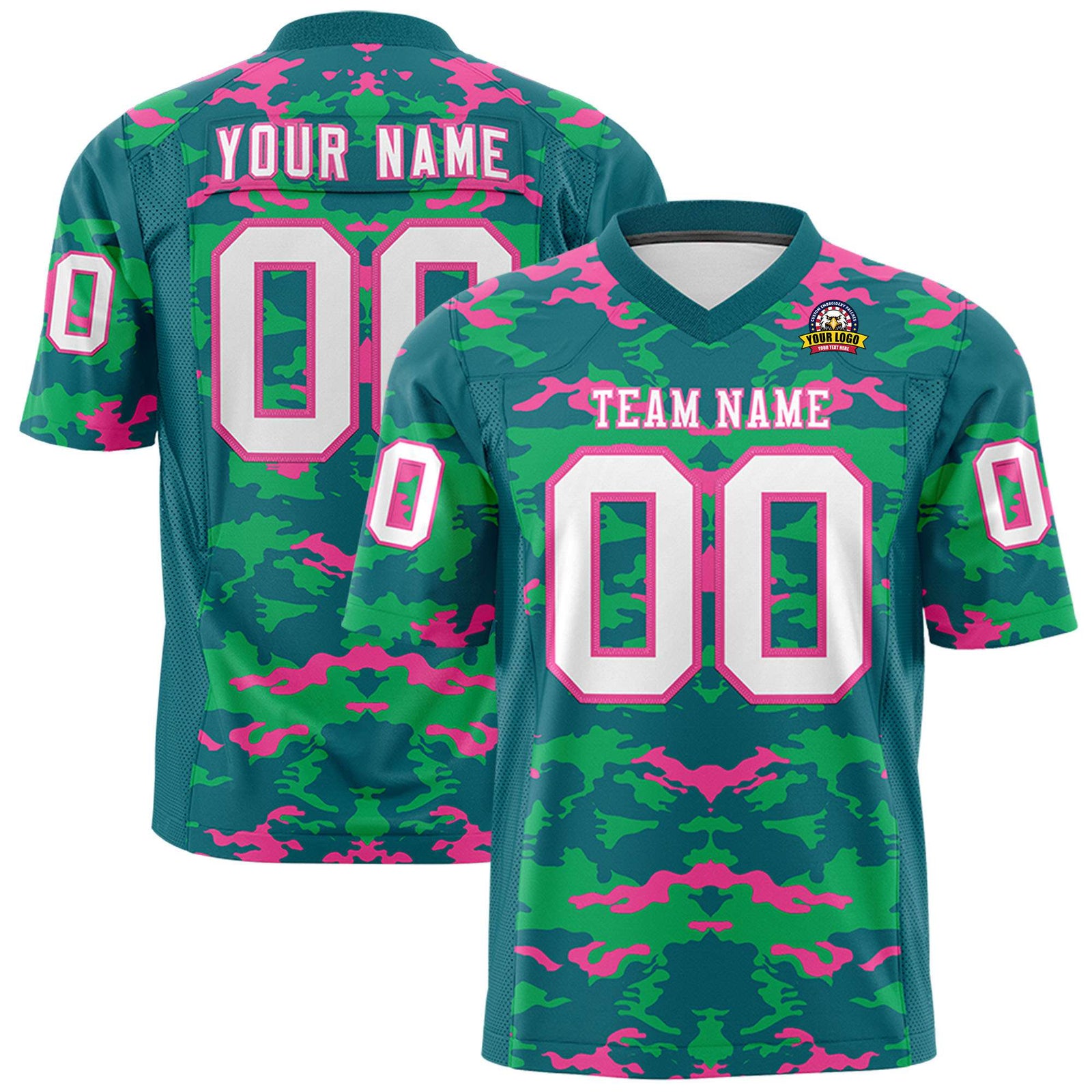 Custom Midnight Green Pink-White Mesh Camo Football Jersey