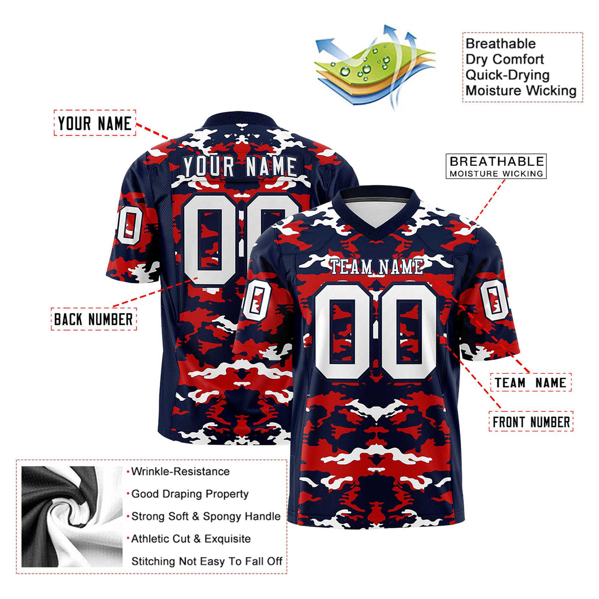 Custom Navy Red-White Mesh Camo Football Jersey