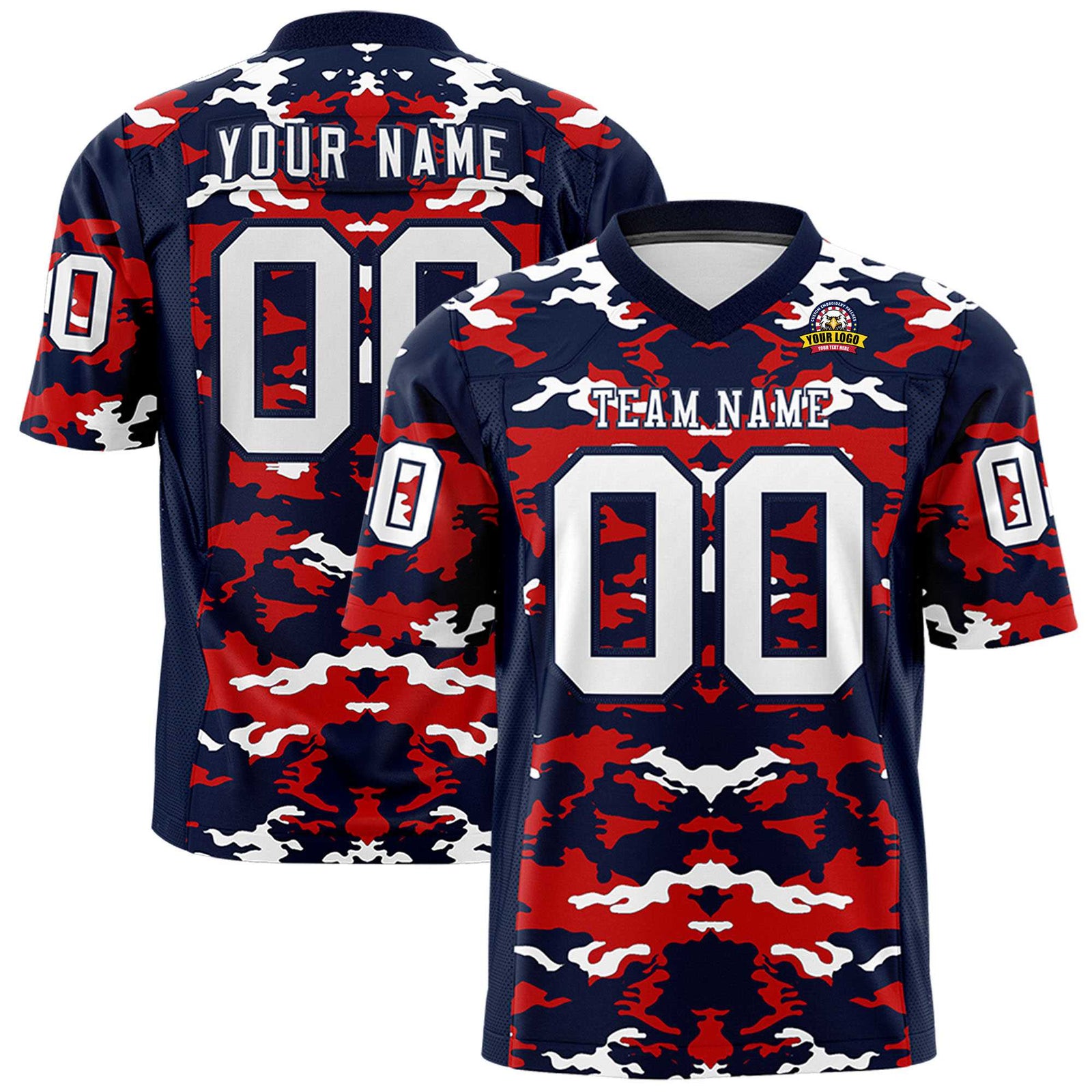 Custom Navy Red-White Mesh Camo Football Jersey