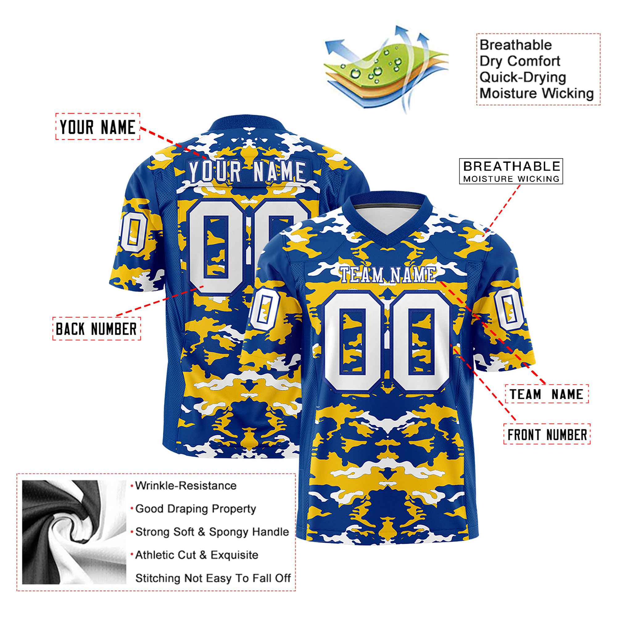 Custom Royal Blue Gold-White Mesh Camo Football Jersey