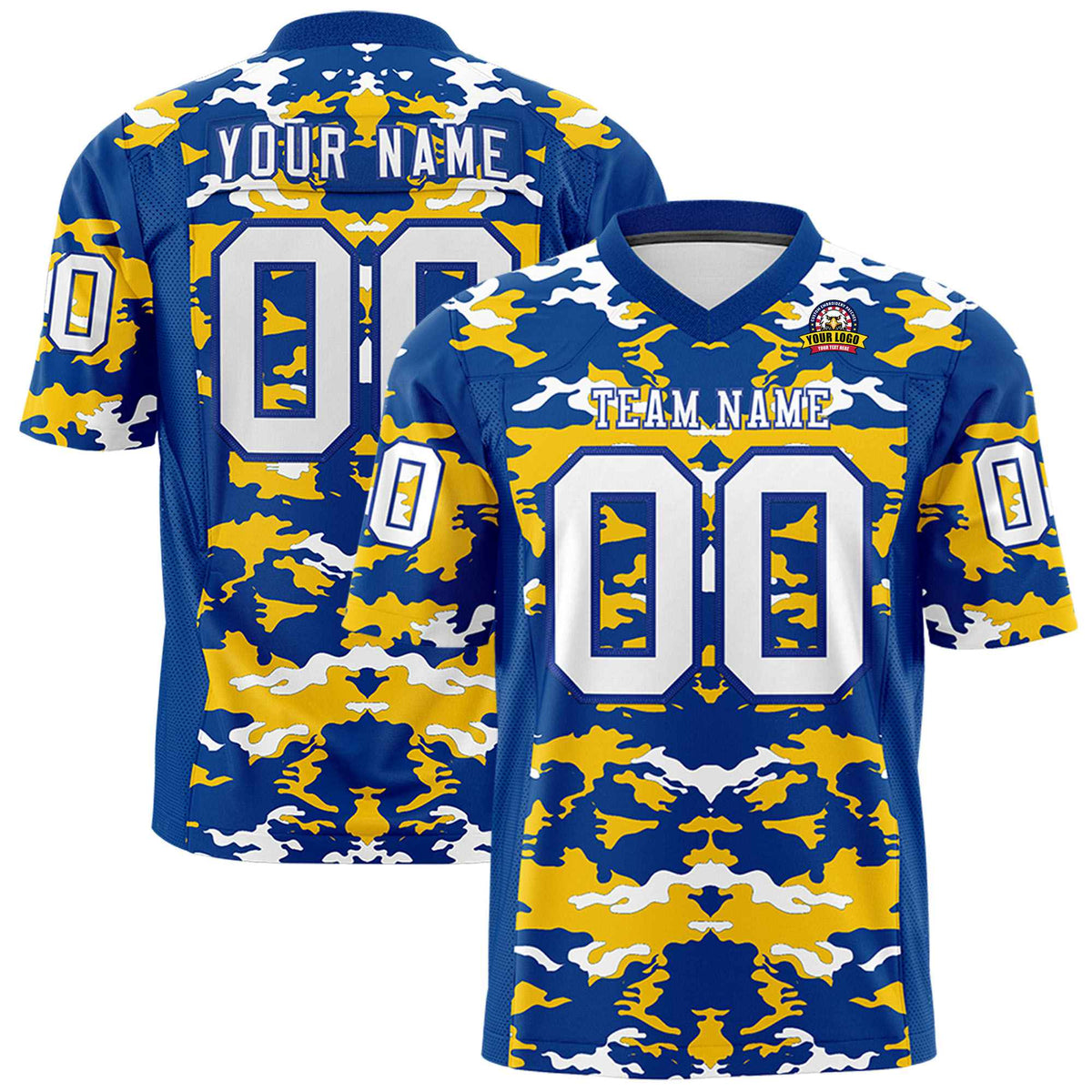 Custom Royal Blue Gold-White Mesh Camo Football Jersey