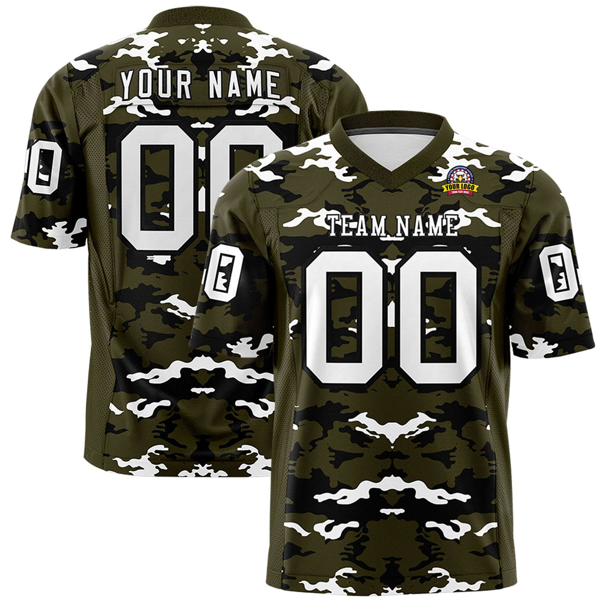 Custom Olive Black-White Mesh Camo Football Jersey