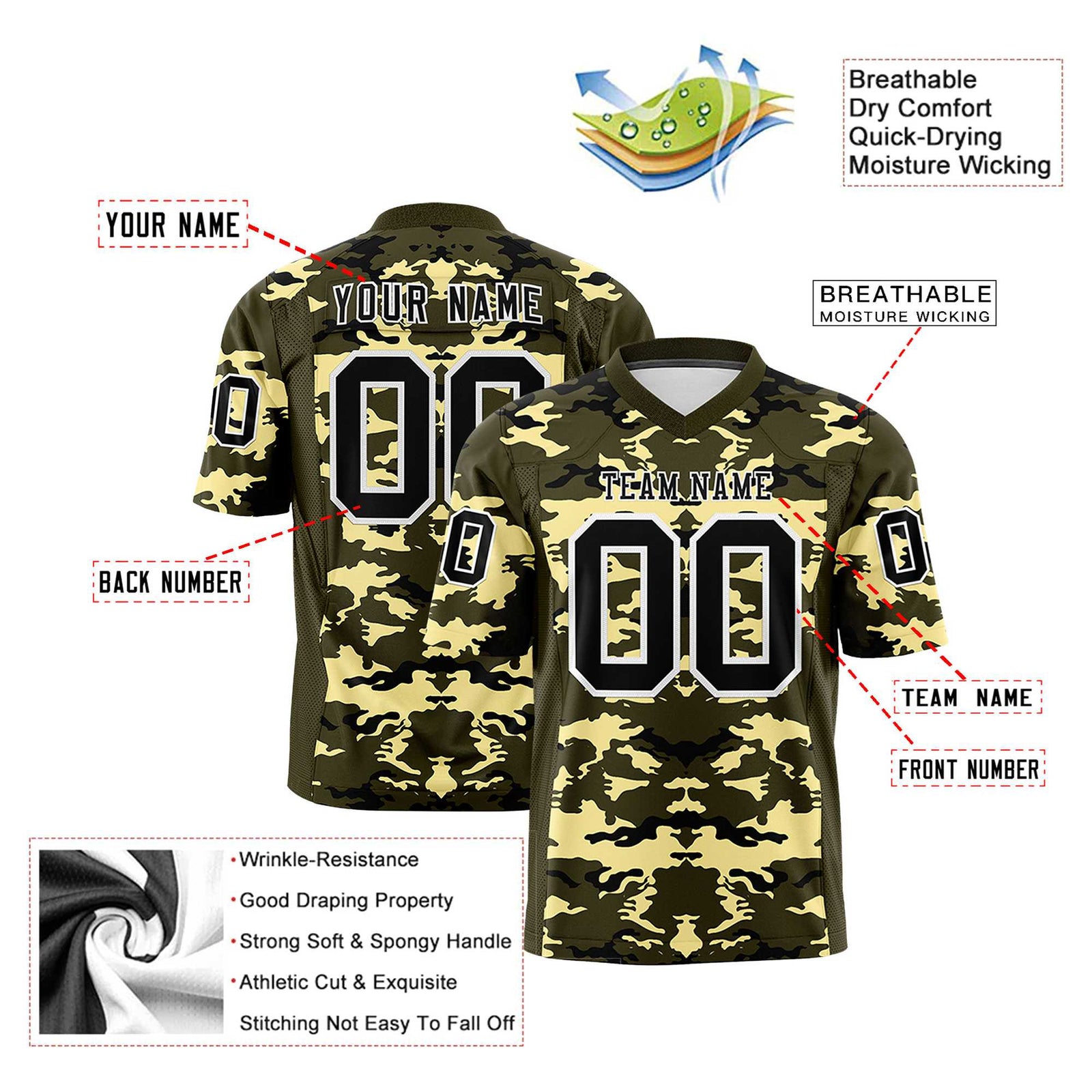Custom Olive Old-Gold Black Mesh Camo Football Jersey