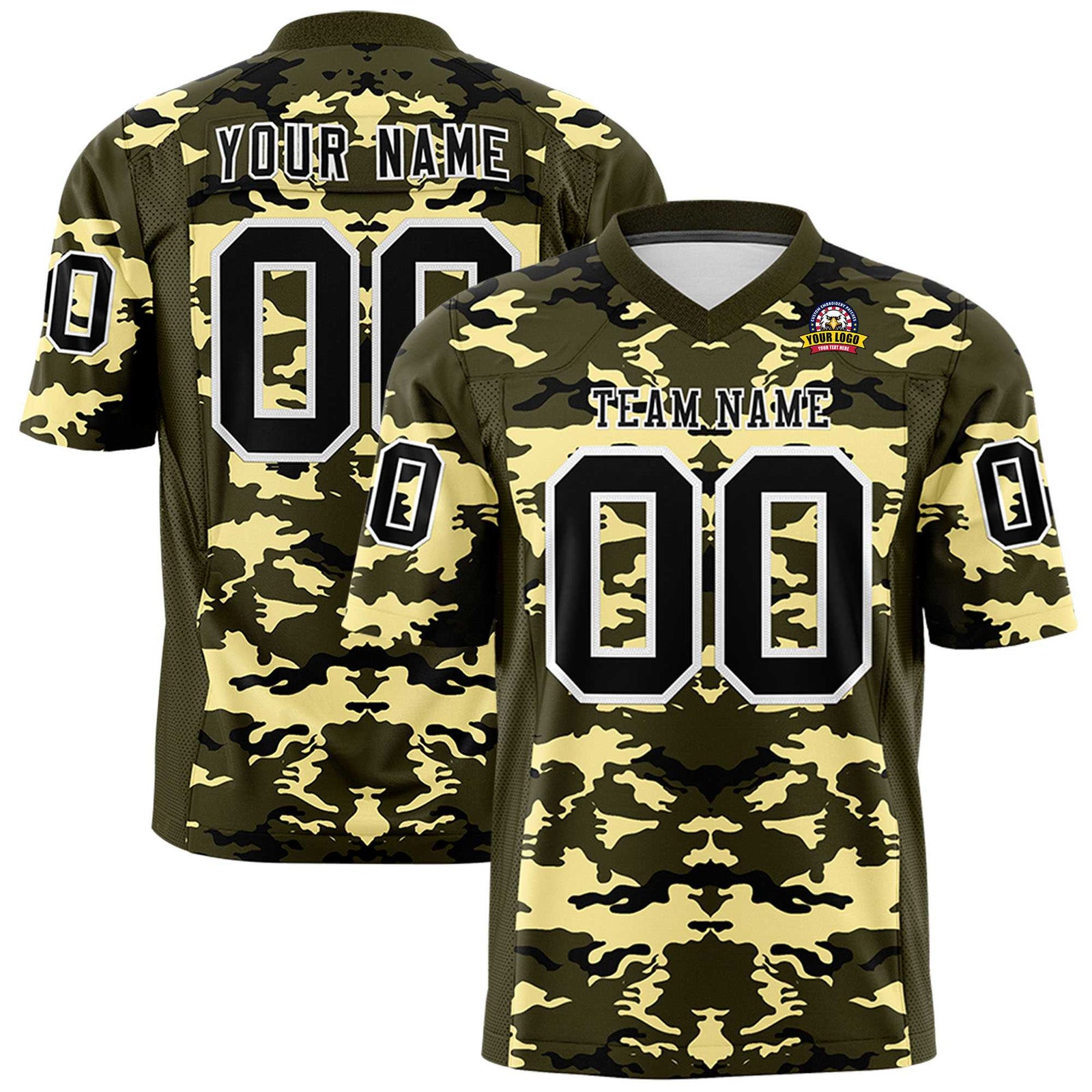 Custom Olive Old-Gold Black Mesh Camo Football Jersey