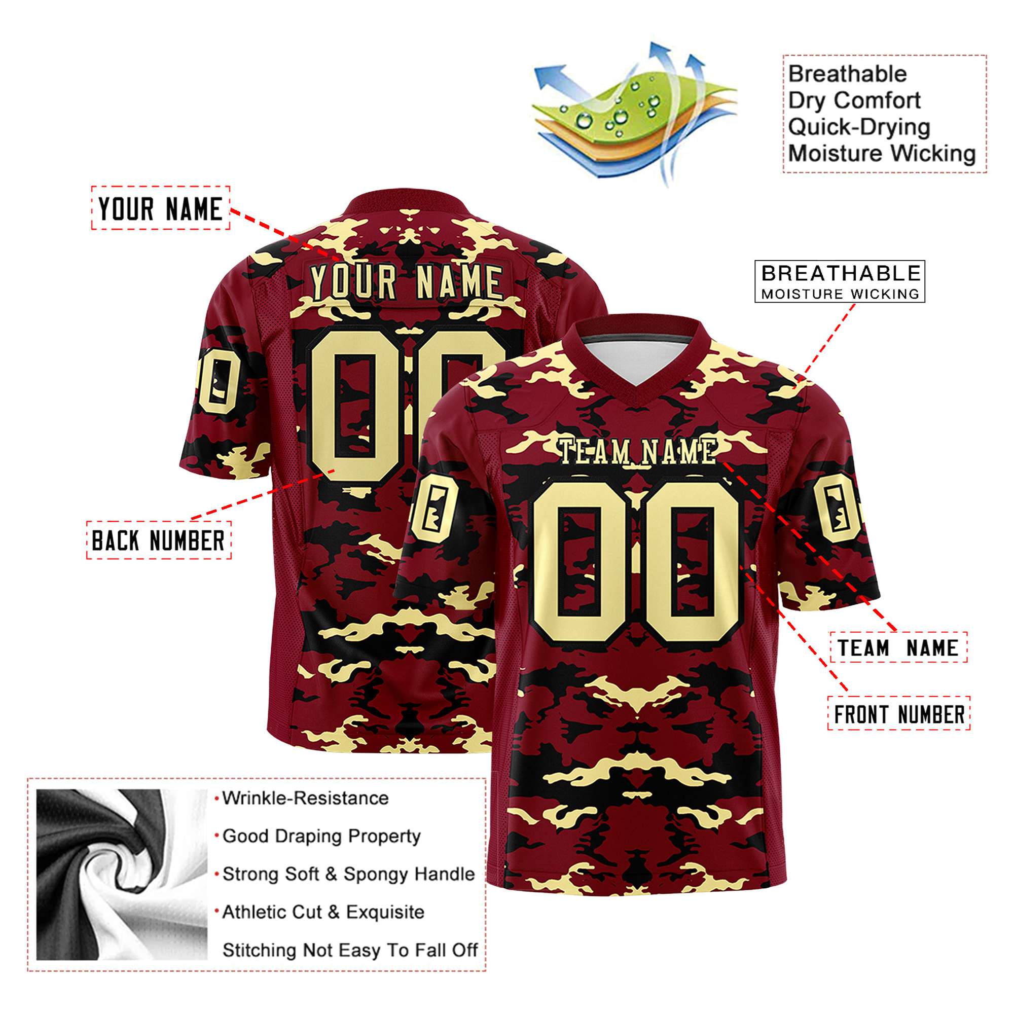 Custom Red Black-Old Gold Mesh Camo Football Jersey