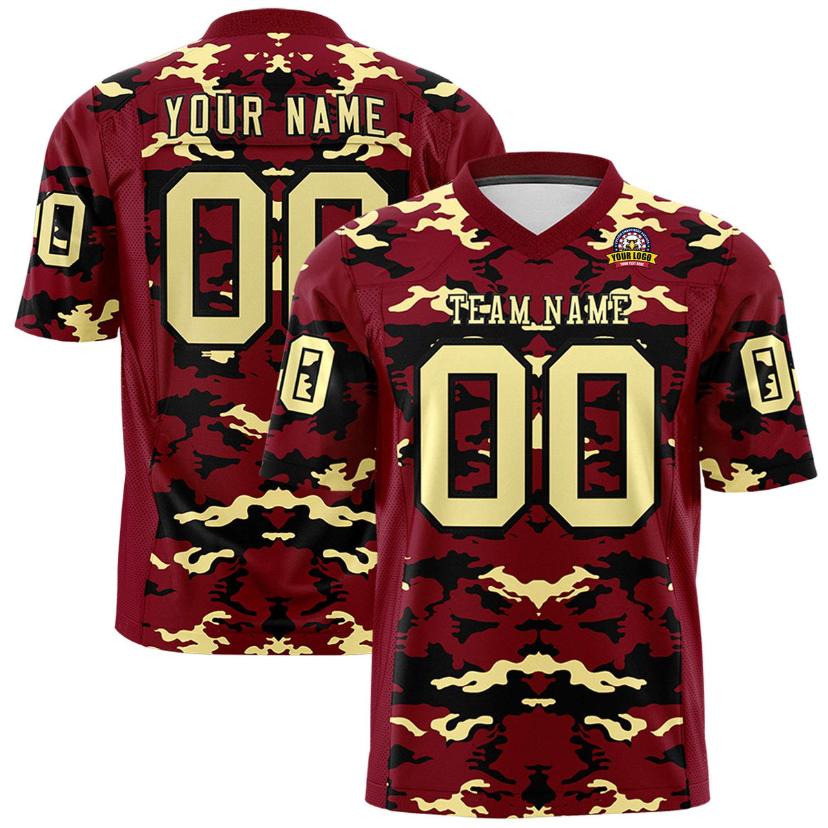 Custom Red Black-Old Gold Mesh Camo Football Jersey