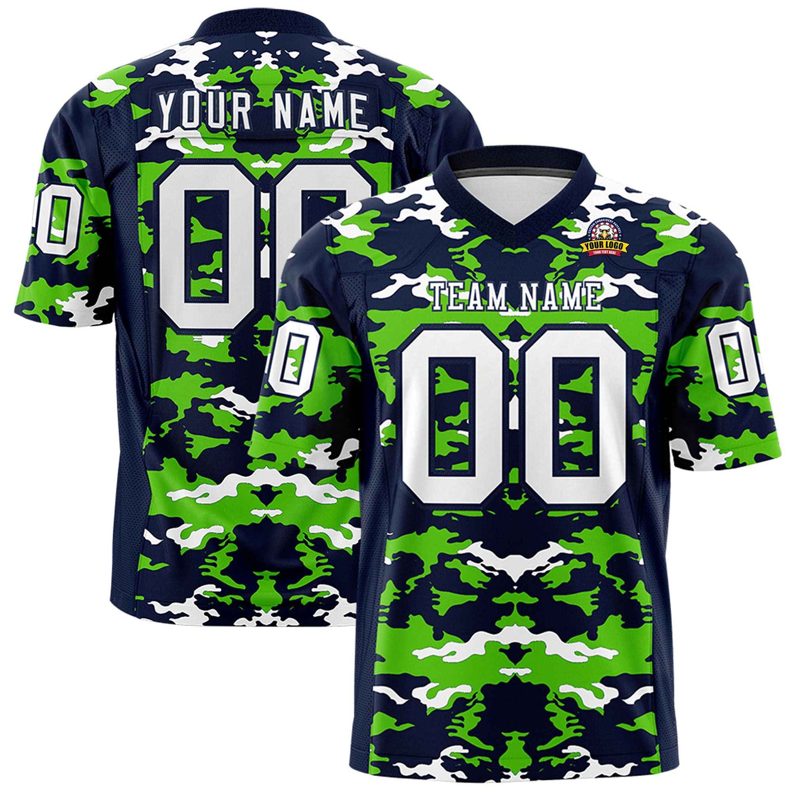 Custom Navy Green-White Mesh Camo Football Jersey