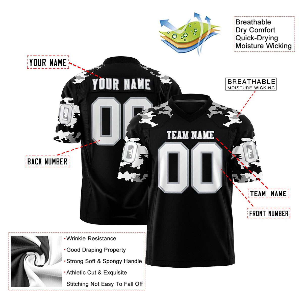 Custom Black Gray-White Mesh Camo Football Jersey