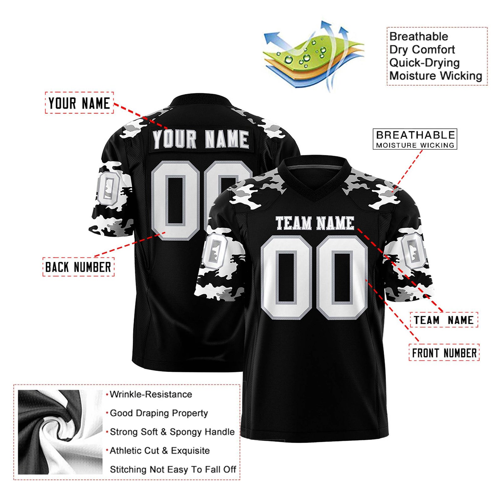 Custom Black Gray-White Mesh Camo Football Jersey
