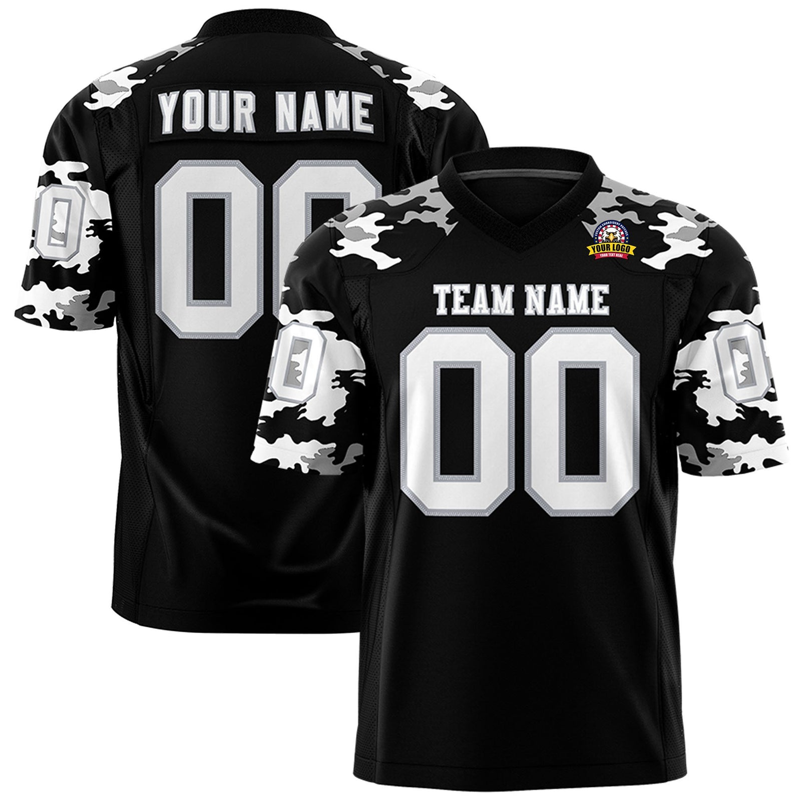 Custom Black Gray-White Mesh Camo Football Jersey