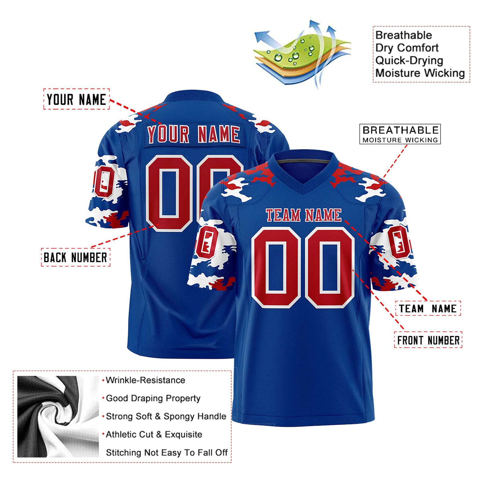 Custom Royal Blue Red-White Mesh Camo Football Jersey