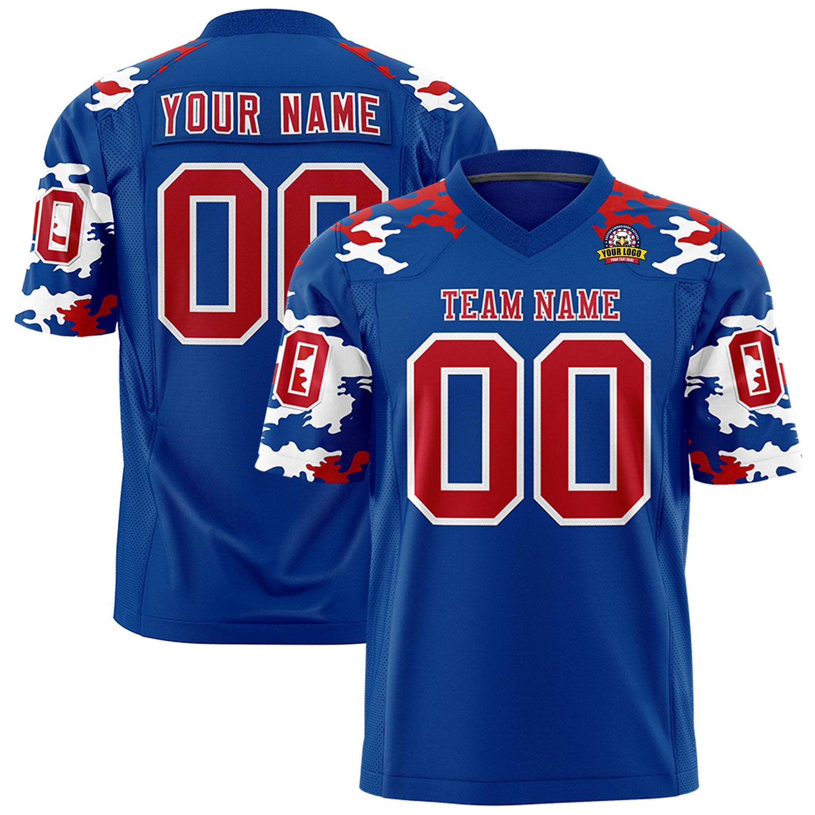 Custom Royal Blue Red-White Mesh Camo Football Jersey