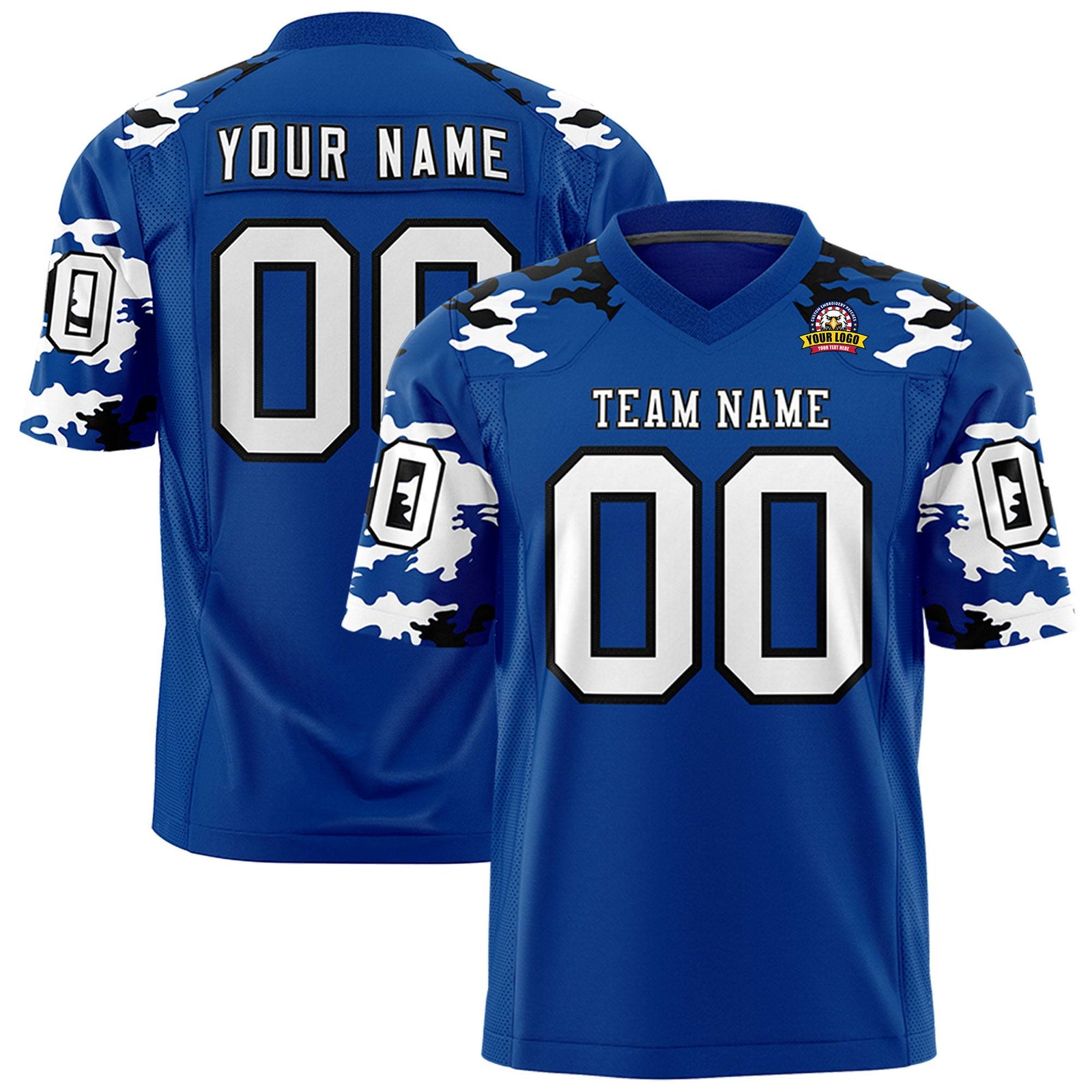 Custom Royal Blue Black-White Mesh Camo Football Jersey