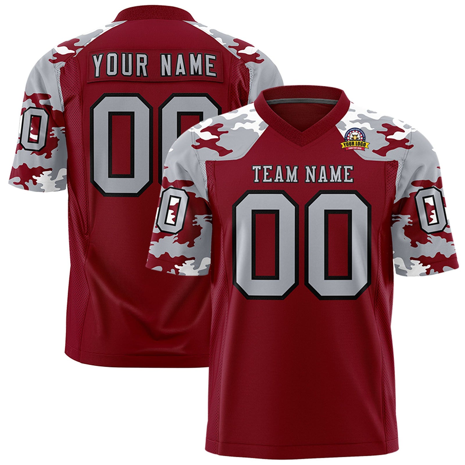 Custom Crimson Gray-White Mesh Camo Football Jersey